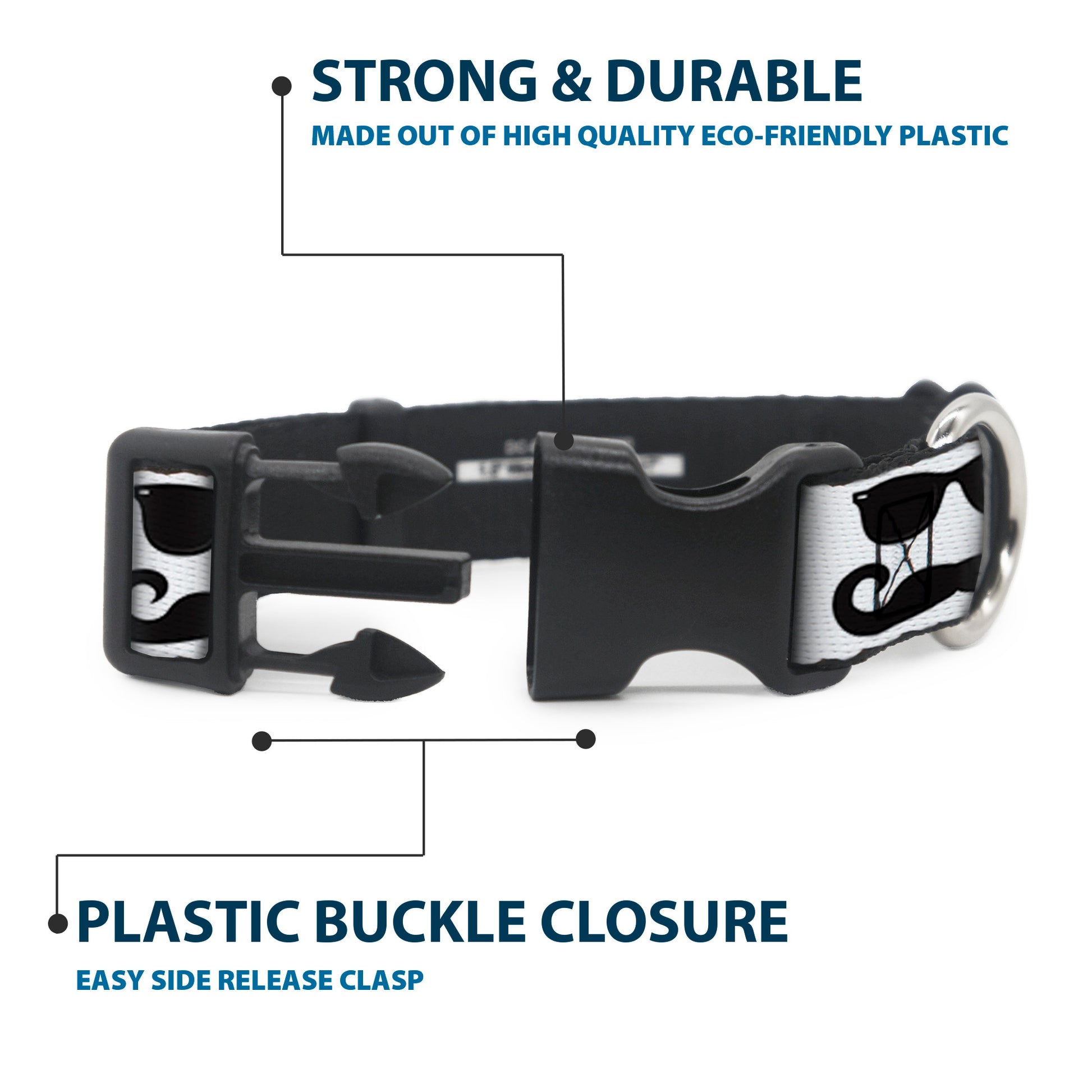 Plastic Clip Collar - Sunglasses & Mustache White/Black Plastic Clip Collars Buckle-Down
