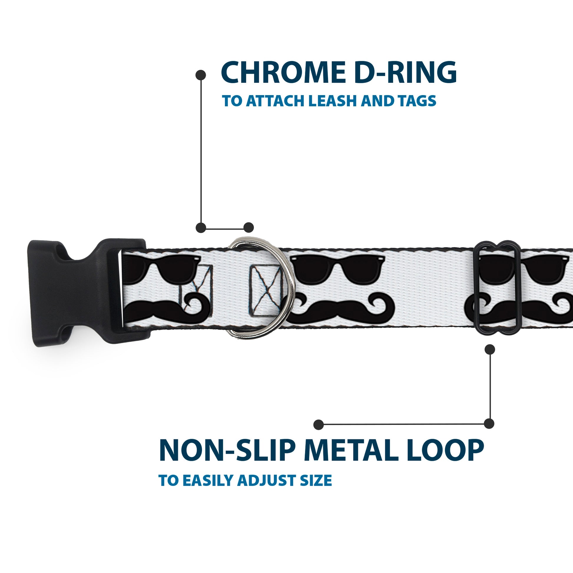 Plastic Clip Collar - Sunglasses & Mustache White/Black Plastic Clip Collars Buckle-Down