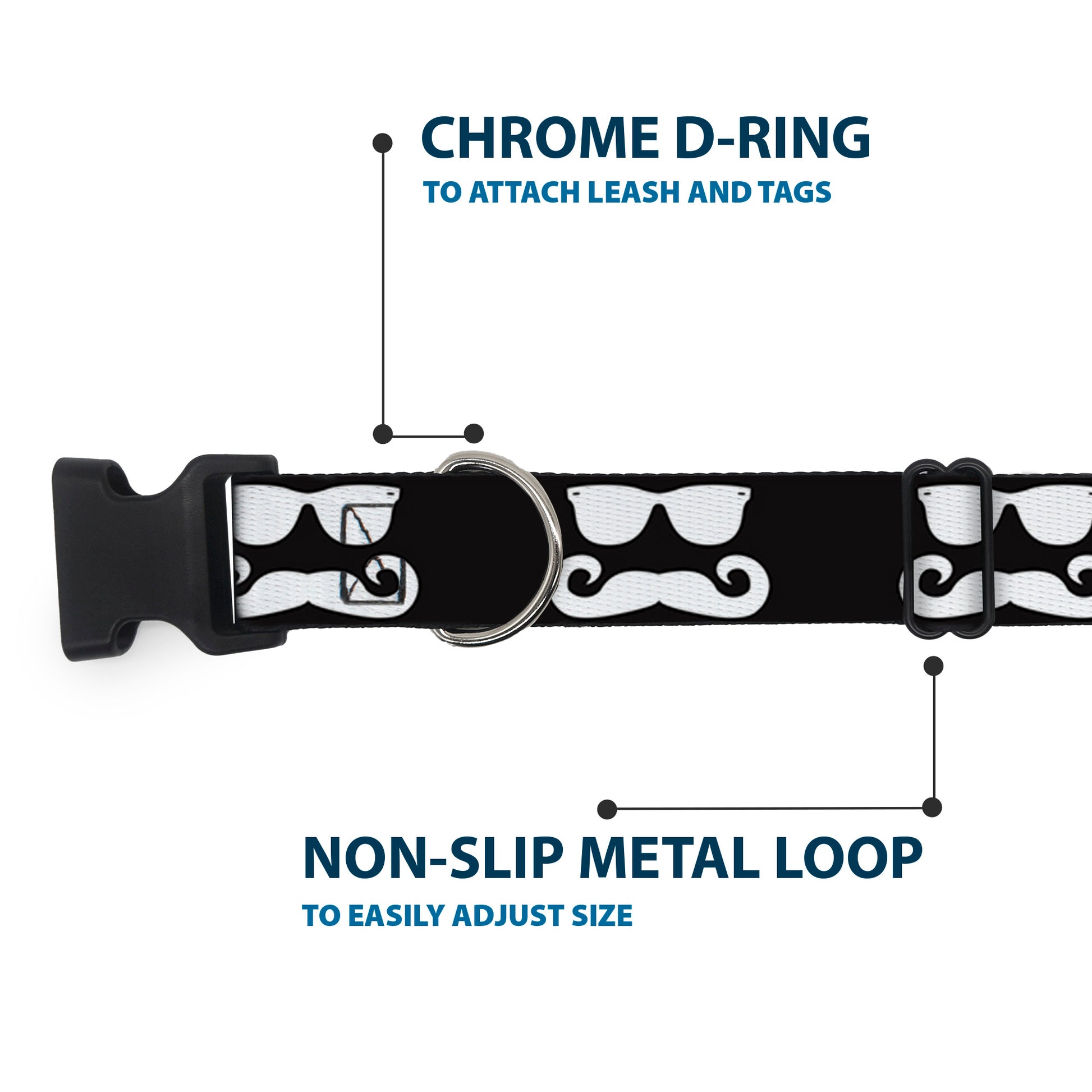 Plastic Clip Collar - Sunglasses & Mustache Black/White Plastic Clip Collars Buckle-Down