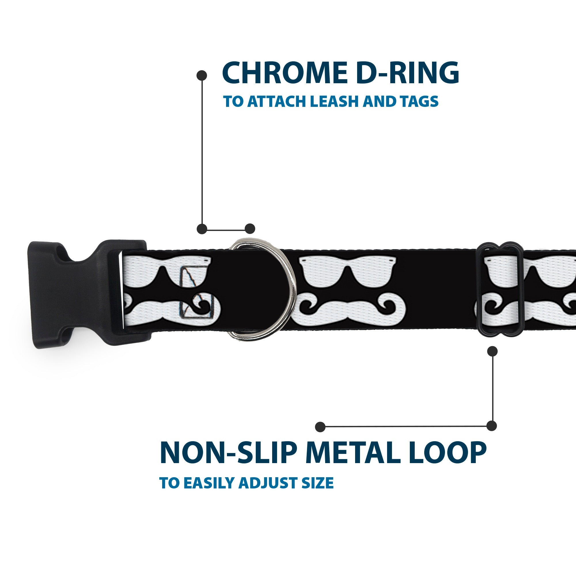 Plastic Clip Collar - Sunglasses & Mustache Black/White Plastic Clip Collars Buckle-Down