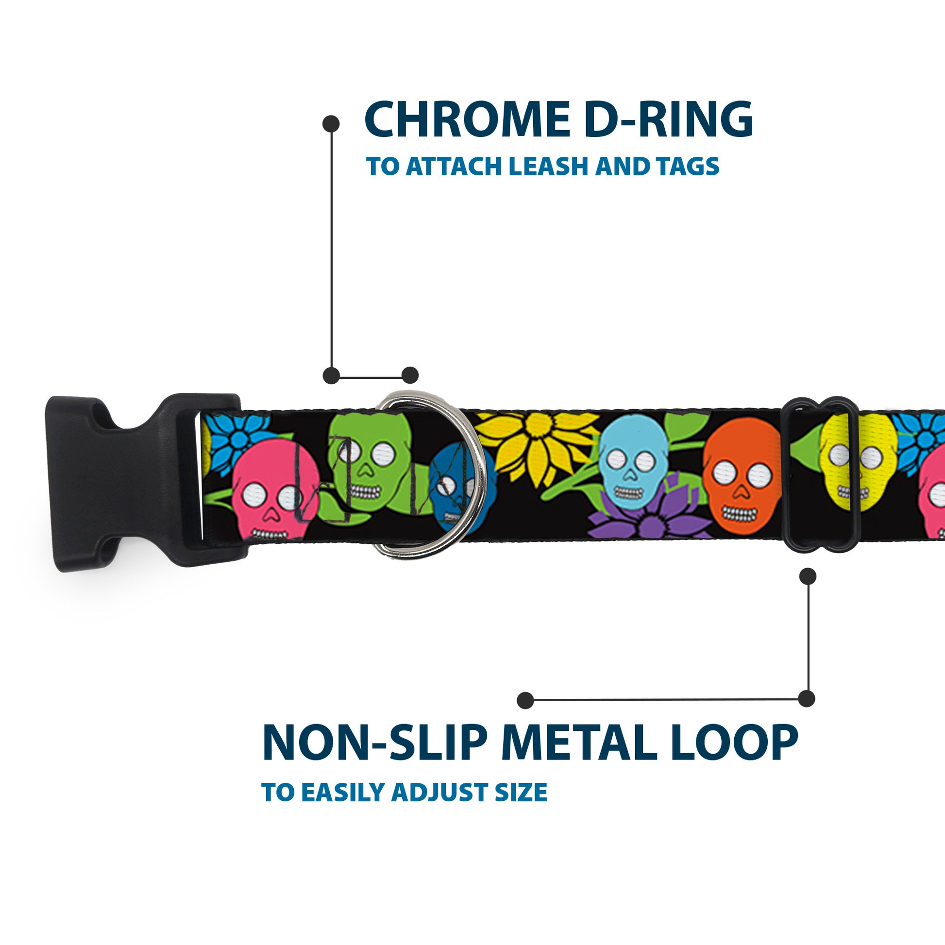 Plastic Clip Collar - Skulls & Flowers Black/Multi Color Plastic Clip Collars Buckle-Down