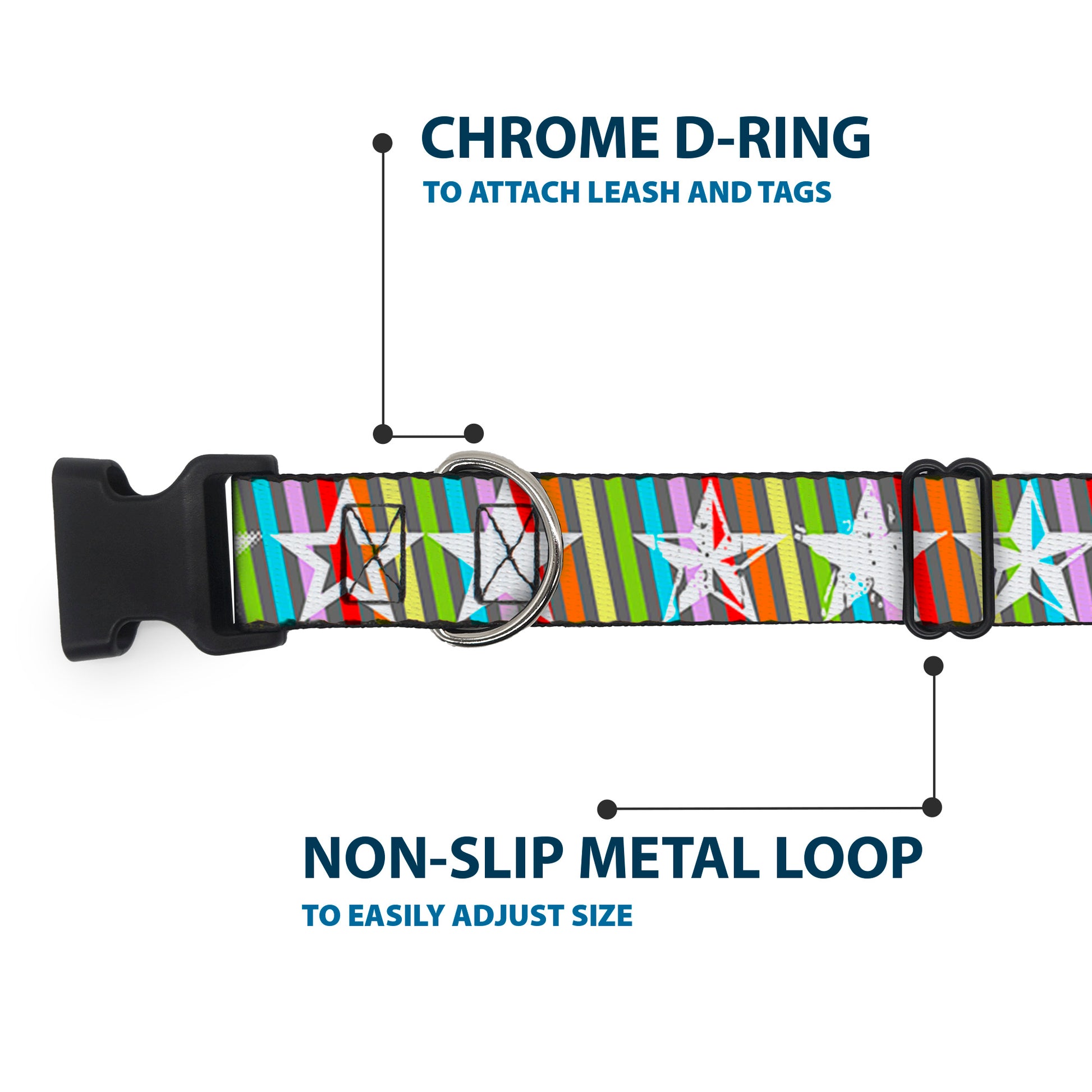 Plastic Clip Collar - Stars w/Lines Gray/Multi Color/White Plastic Clip Collars Buckle-Down