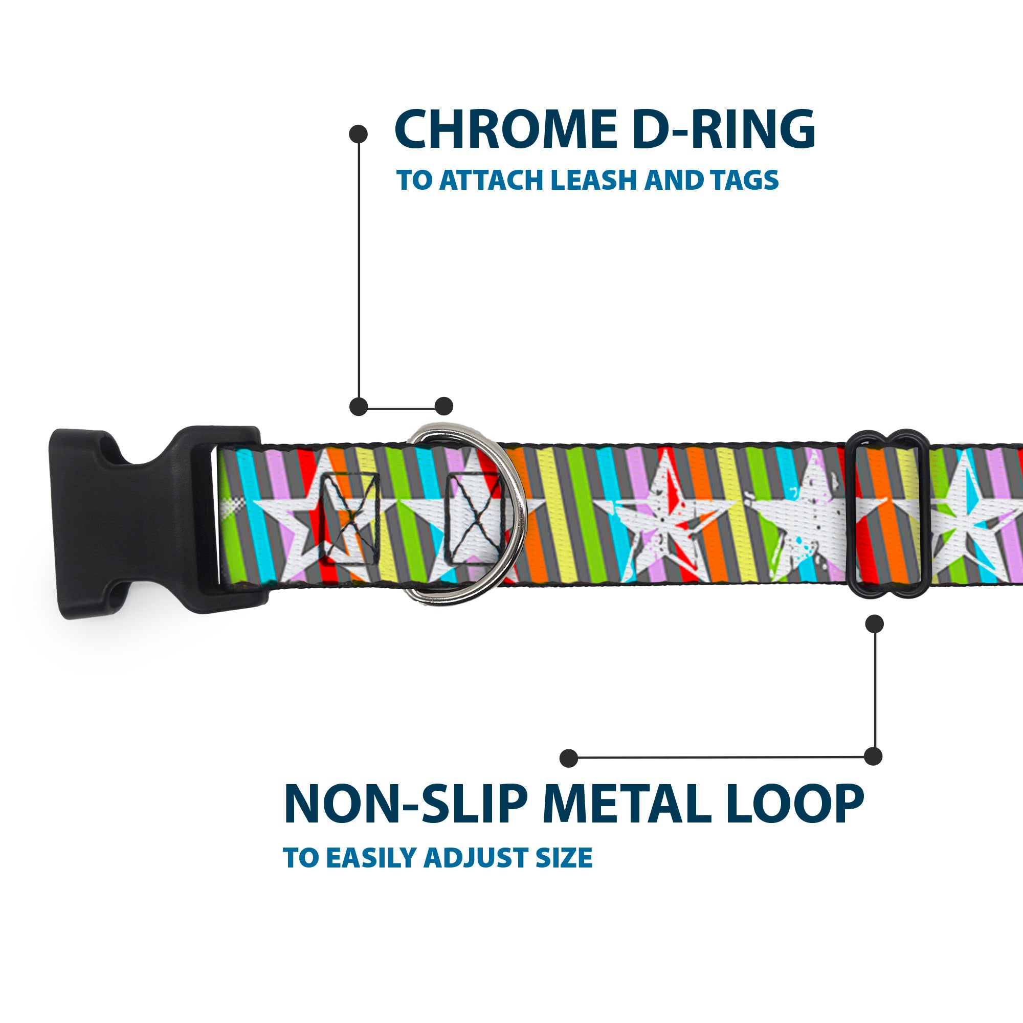 Plastic Clip Collar - Stars w/Lines Gray/Multi Color/White Plastic Clip Collars Buckle-Down