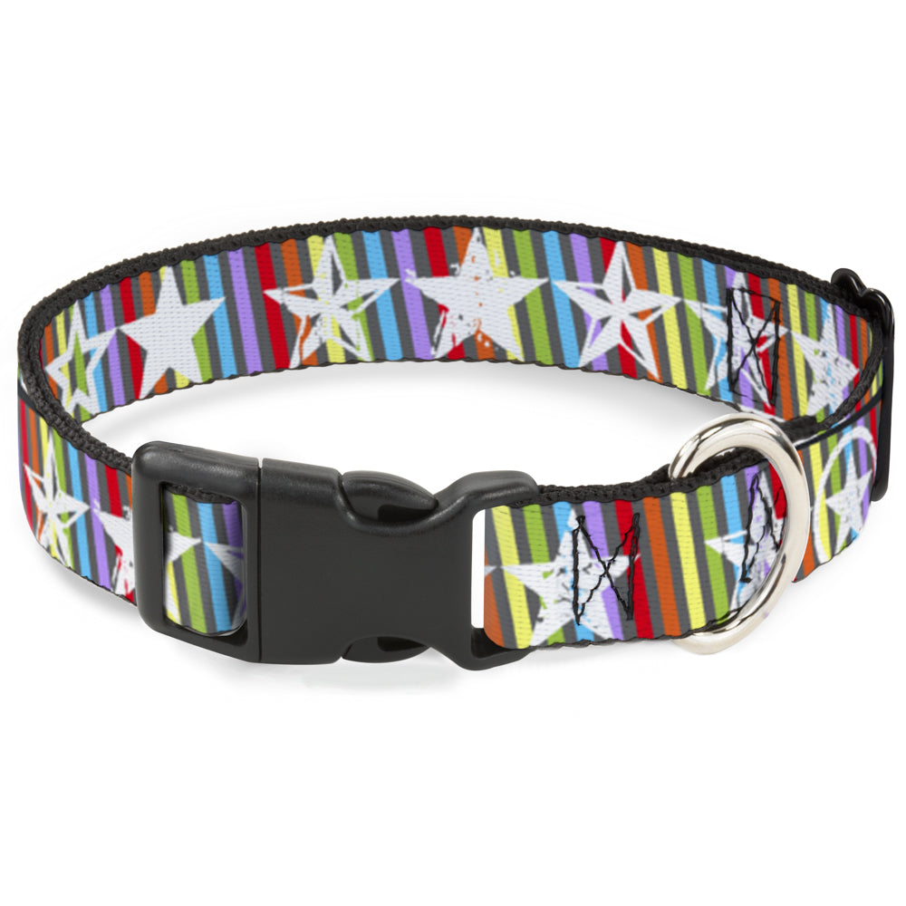 Plastic Clip Collar - Stars w/Lines Gray/Multi Color/White Plastic Clip Collars Buckle-Down