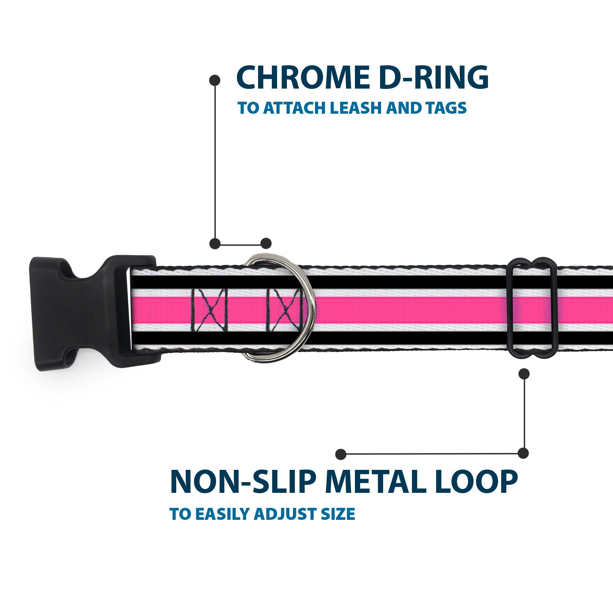 Plastic Clip Collar - Stripes White/Black/White/Pink Plastic Clip Collars Buckle-Down