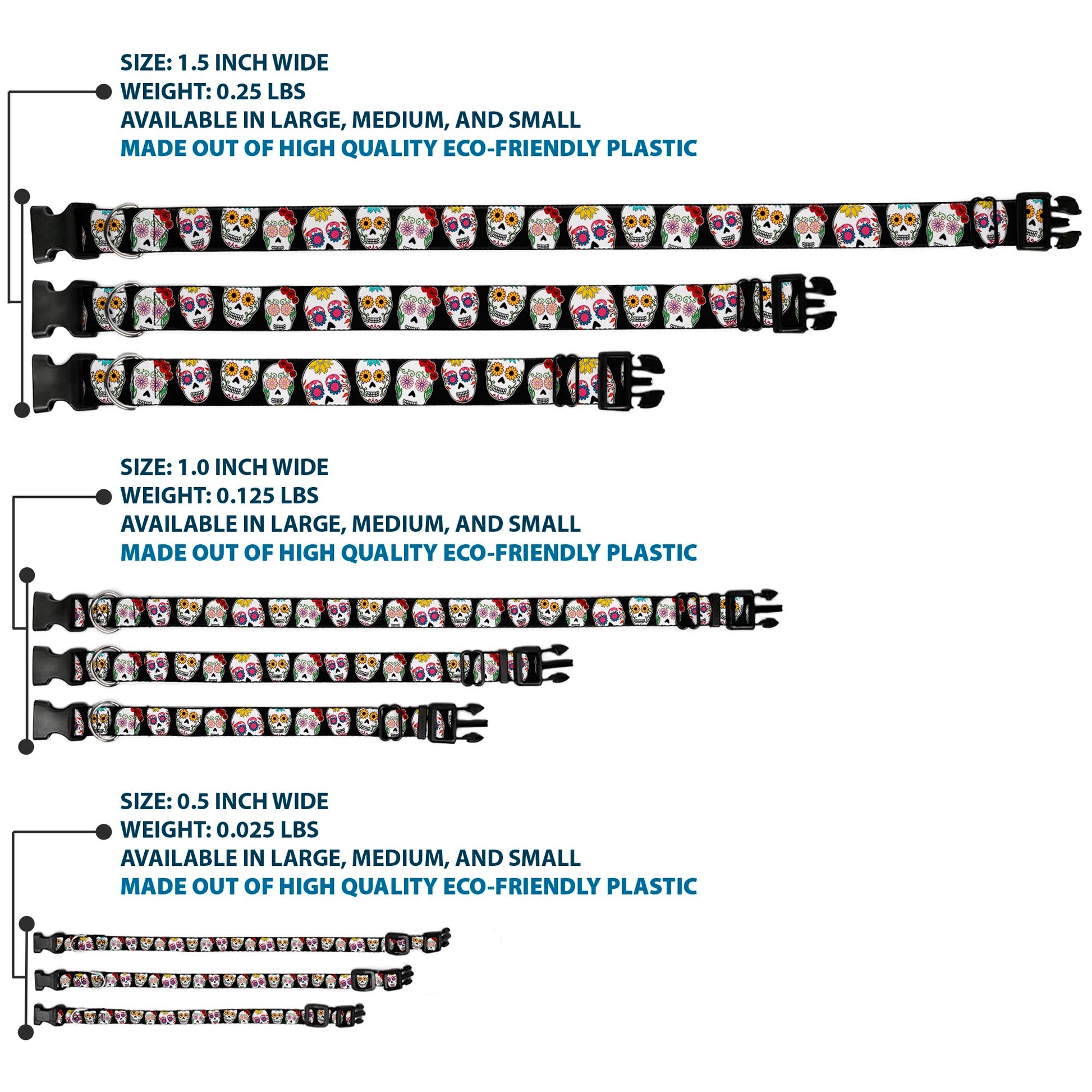 Plastic Clip Collar - Sugar Skull Outline Black/Multi Color Plastic Clip Collars Buckle-Down
