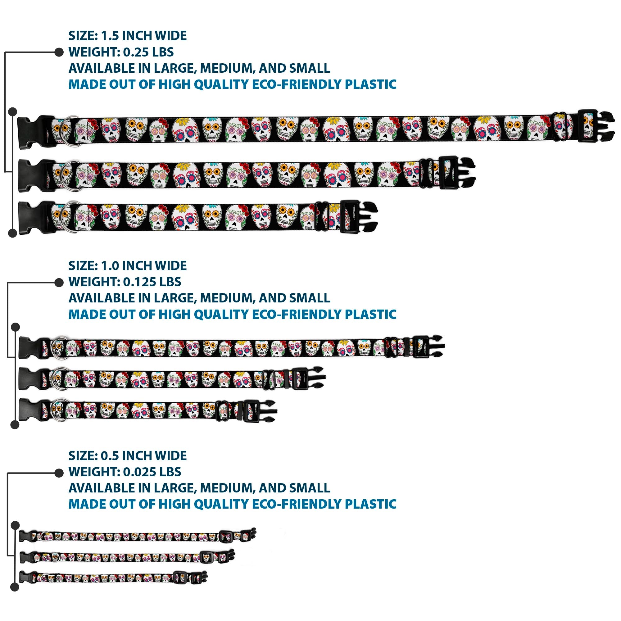 Plastic Clip Collar - Sugar Skull Outline Black/Multi Color Plastic Clip Collars Buckle-Down