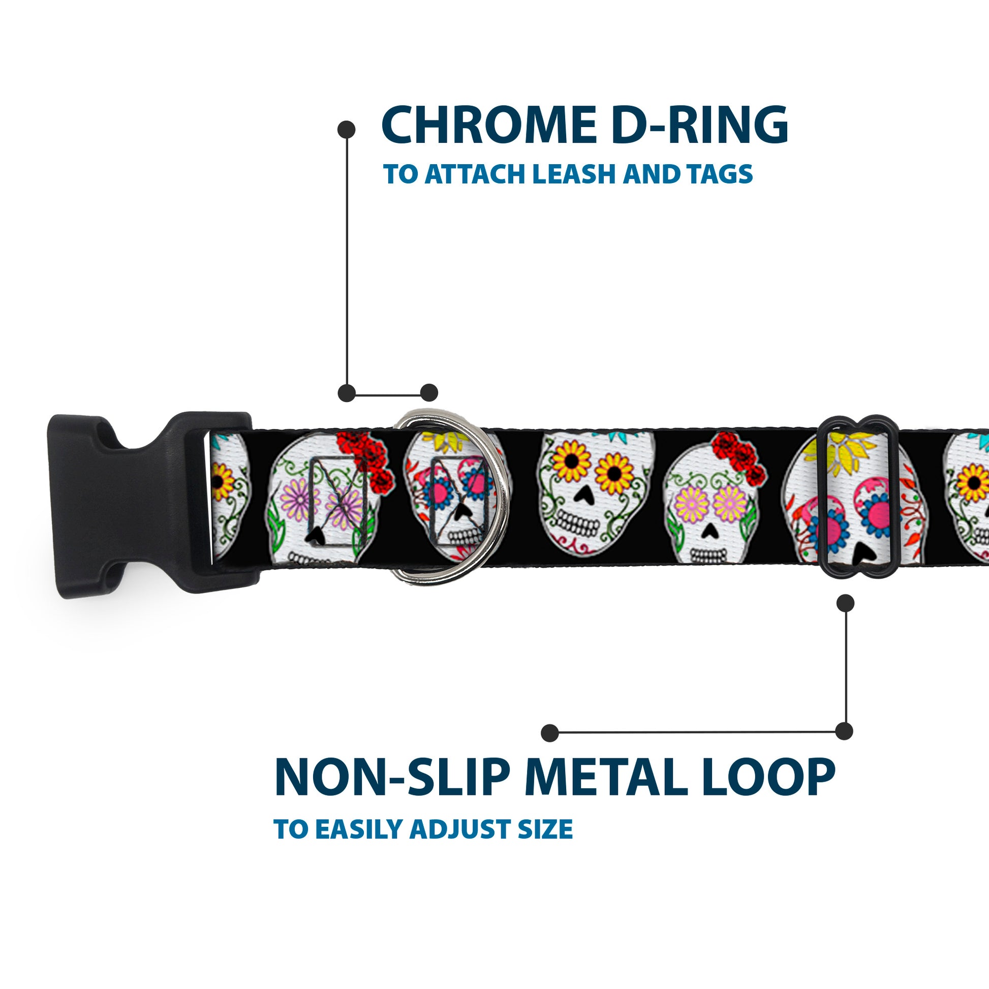 Plastic Clip Collar - Sugar Skull Outline Black/Multi Color Plastic Clip Collars Buckle-Down