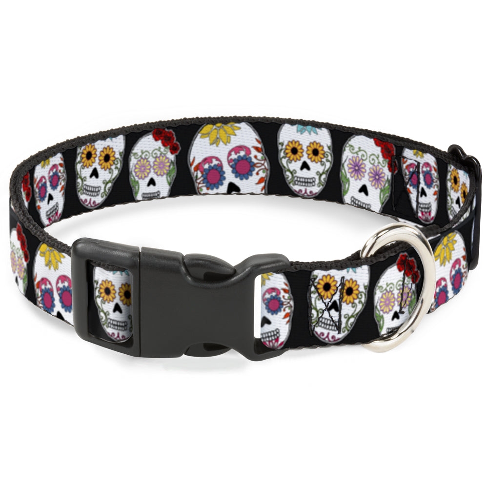 Plastic Clip Collar - Sugar Skull Outline Black/Multi Color Plastic Clip Collars Buckle-Down