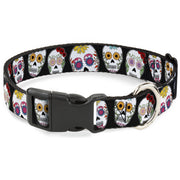 Plastic Clip Collar - Sugar Skull Outline Black/Multi Color Plastic Clip Collars Buckle-Down