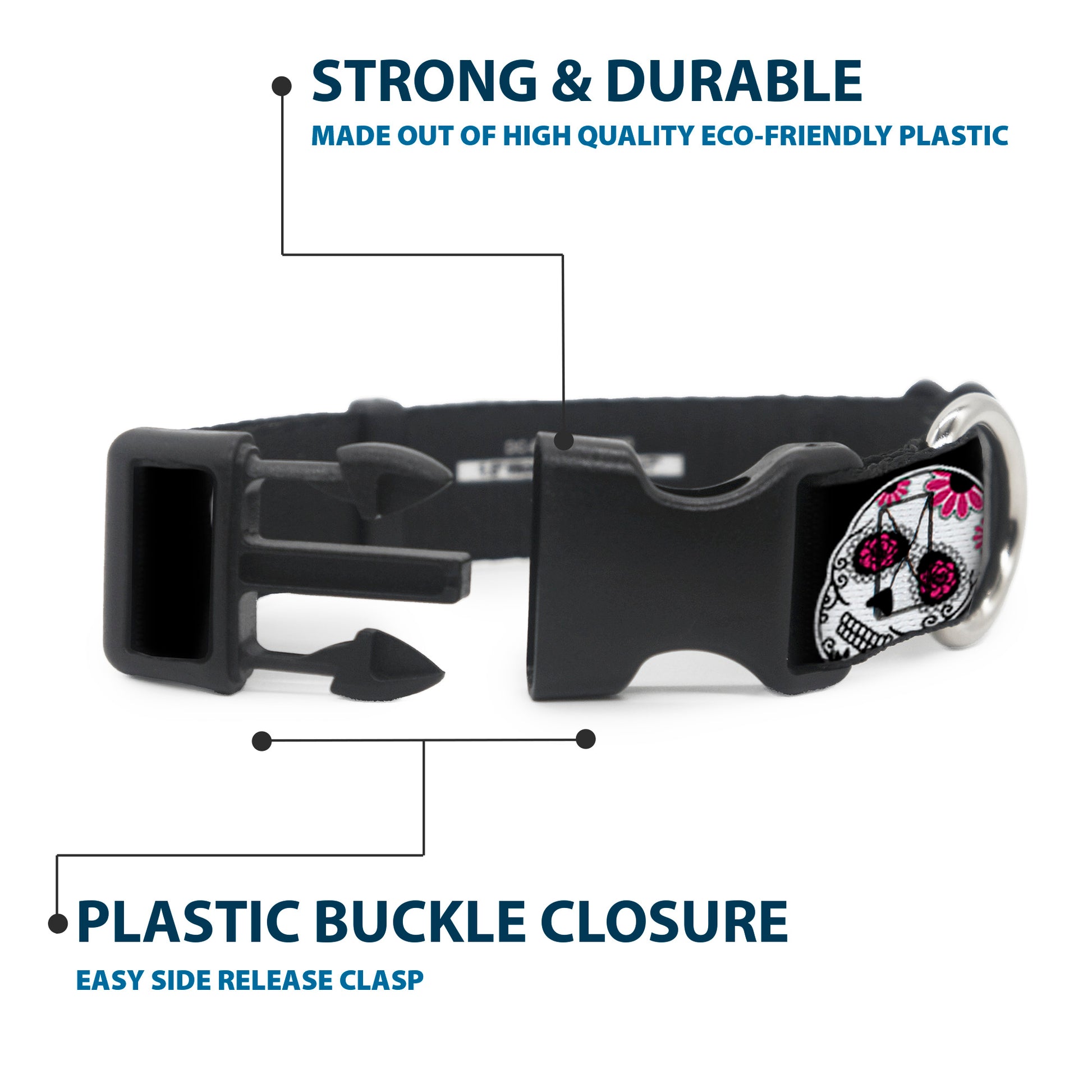 Plastic Clip Collar - Sugar Skulls Scattered Black/White/Fuchsia Plastic Clip Collars Buckle-Down