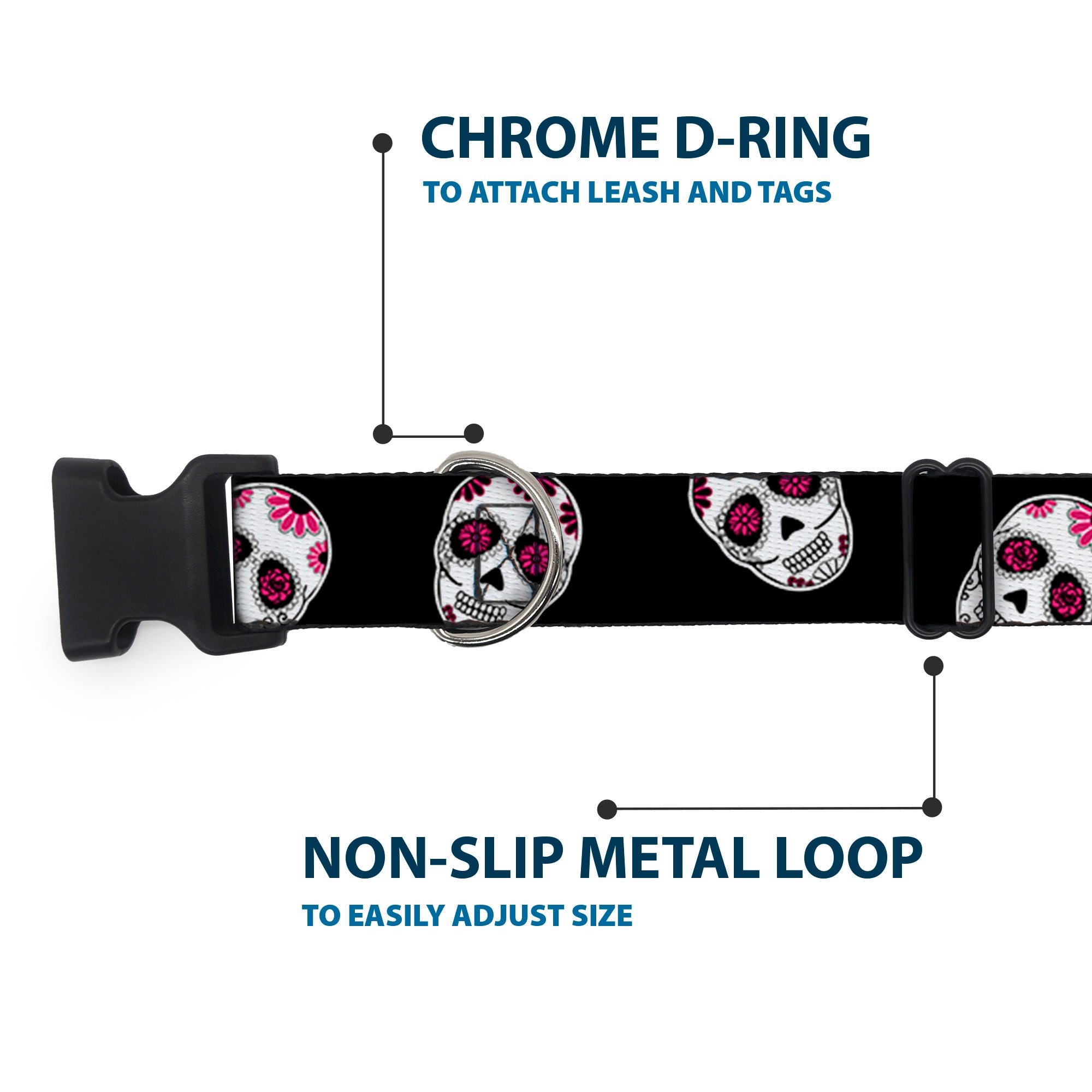 Plastic Clip Collar - Sugar Skulls Scattered Black/White/Fuchsia Plastic Clip Collars Buckle-Down