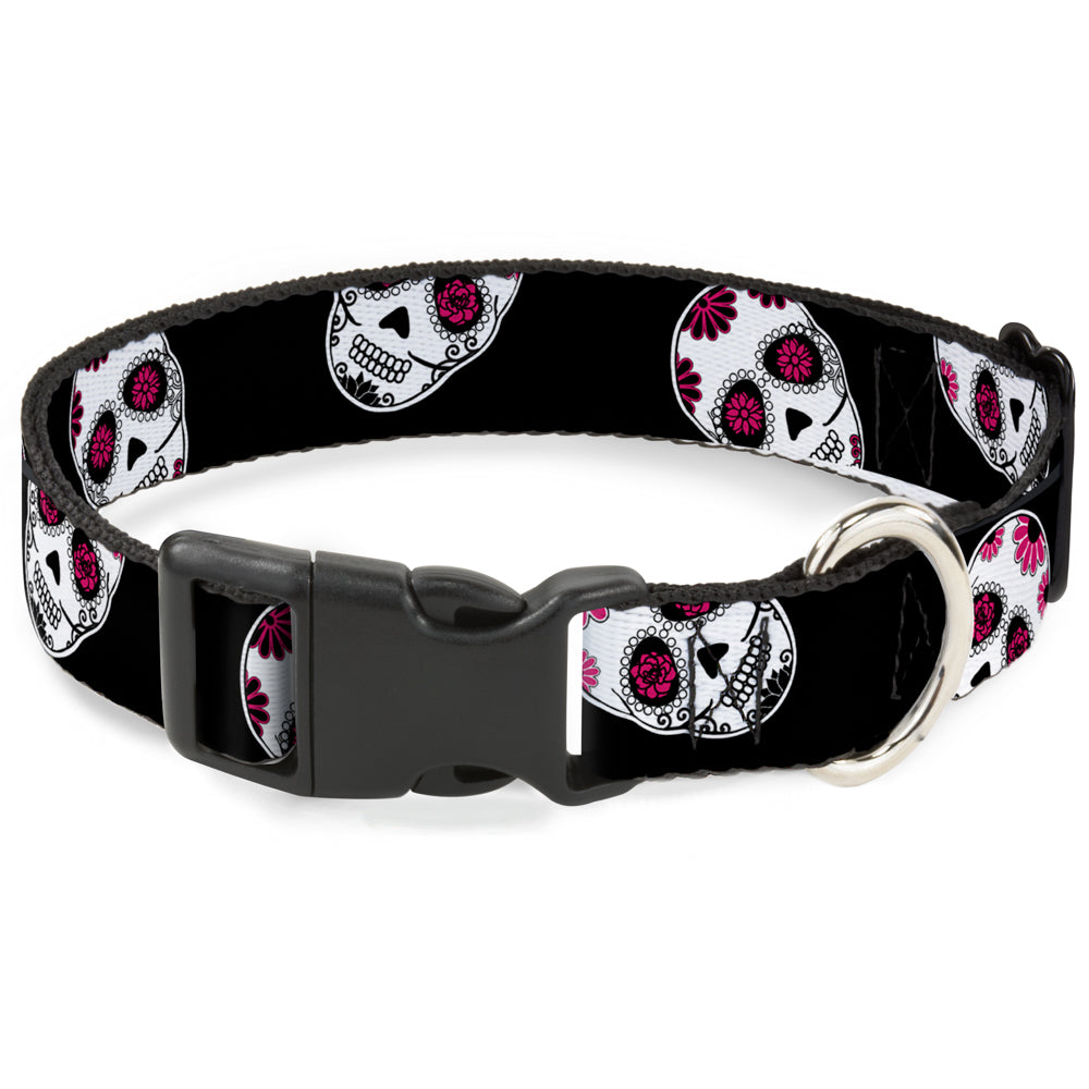 Plastic Clip Collar - Sugar Skulls Scattered Black/White/Fuchsia Plastic Clip Collars Buckle-Down