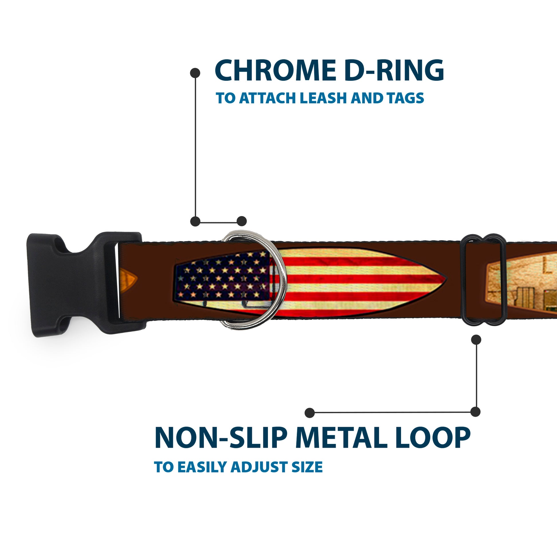 Plastic Clip Collar - Surfboard Cali Scenes/US Flag Brown Plastic Clip Collars Buckle-Down