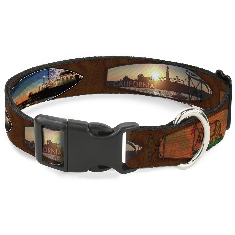 Plastic Clip Collar - Surfboard Cali Scenes/US Flag Brown Plastic Clip Collars Buckle-Down