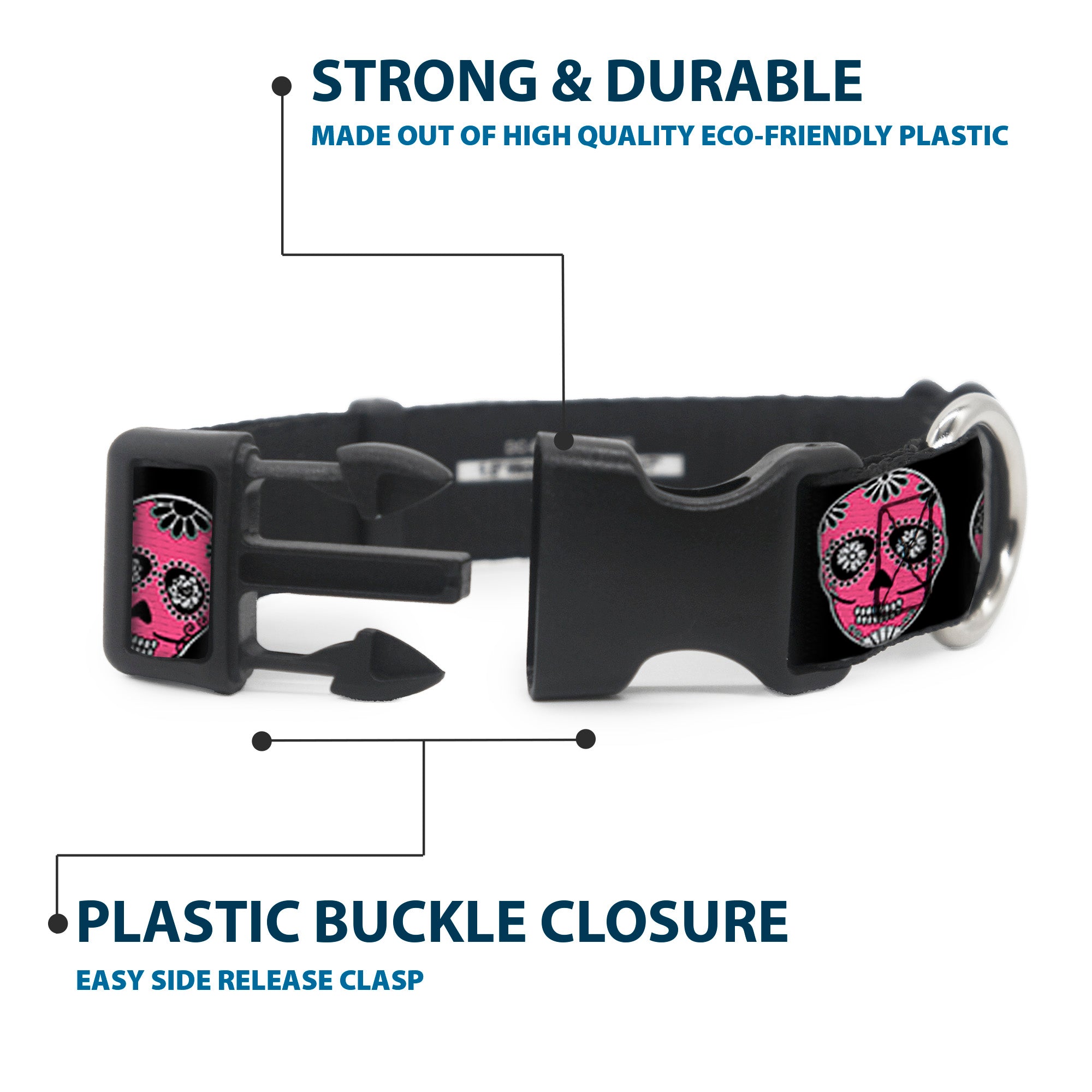 Plastic Clip Collar - Sugar Skulls Black/White/Fuchsia Plastic Clip Collars Buckle-Down