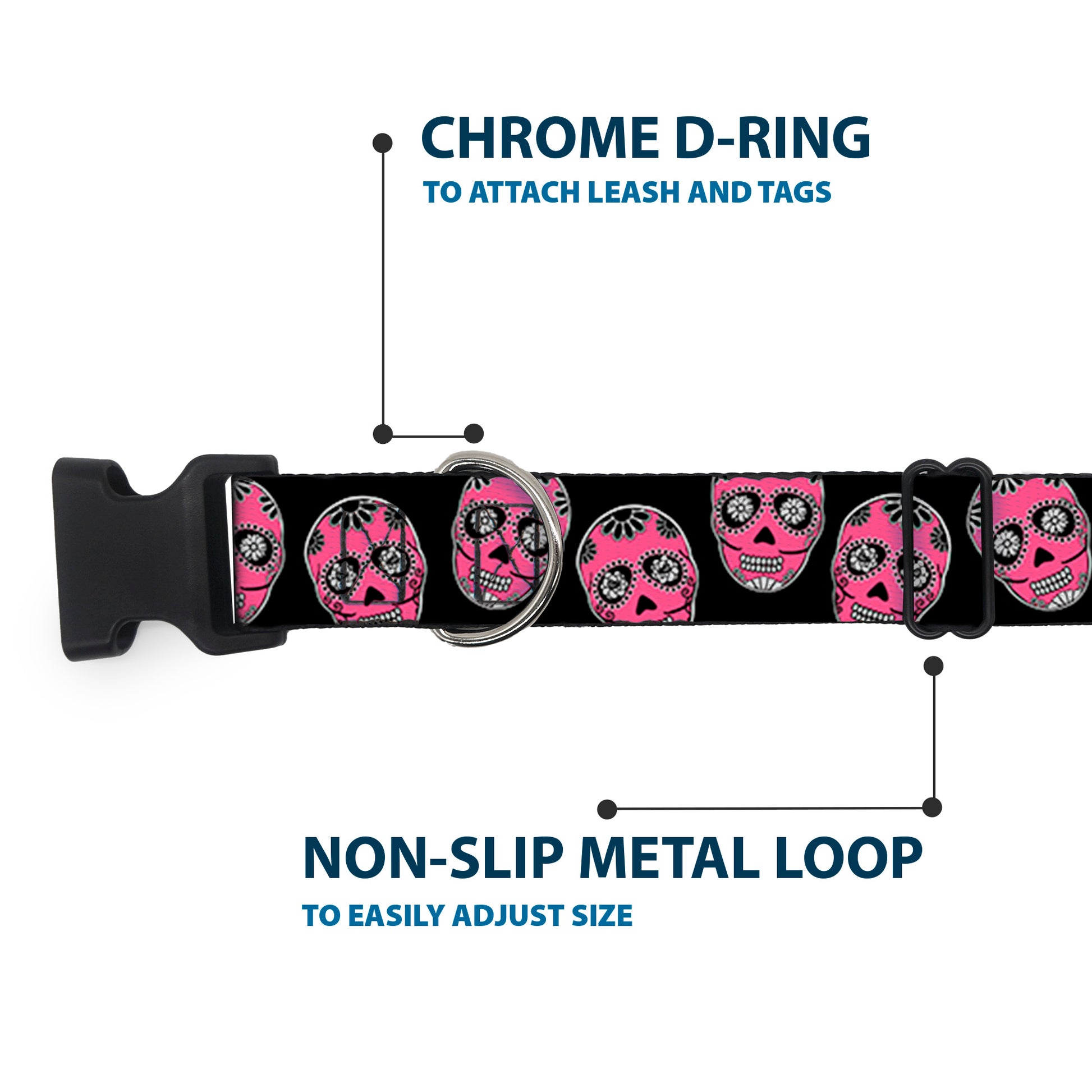 Plastic Clip Collar - Sugar Skulls Black/White/Fuchsia Plastic Clip Collars Buckle-Down