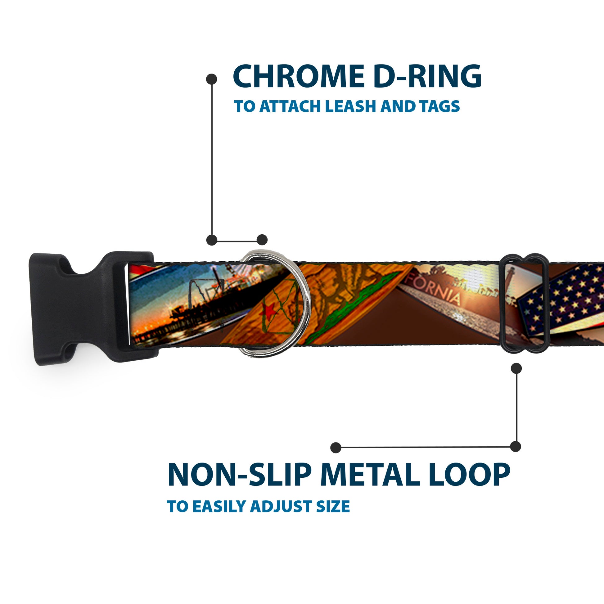 Plastic Clip Collar - Surfboard Cali Scenes/US Flag Stacked Brown Plastic Clip Collars Buckle-Down