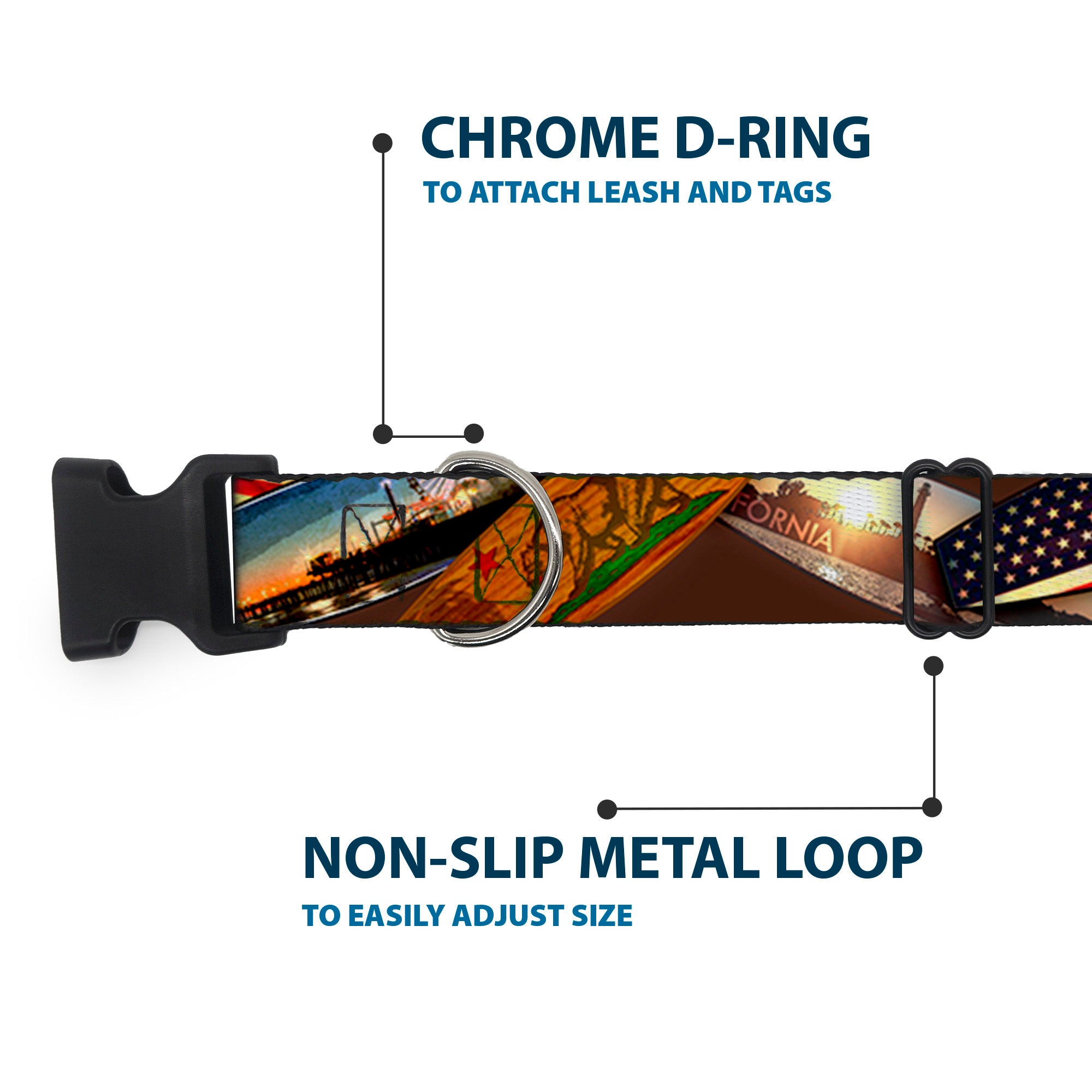 Plastic Clip Collar - Surfboard Cali Scenes/US Flag Stacked Brown Plastic Clip Collars Buckle-Down