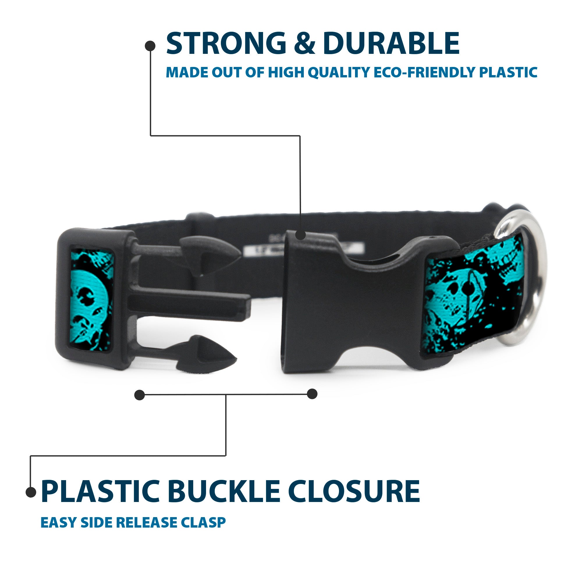 Plastic Clip Collar - Skulls Stacked Weathered Black/Teal Plastic Clip Collars Buckle-Down