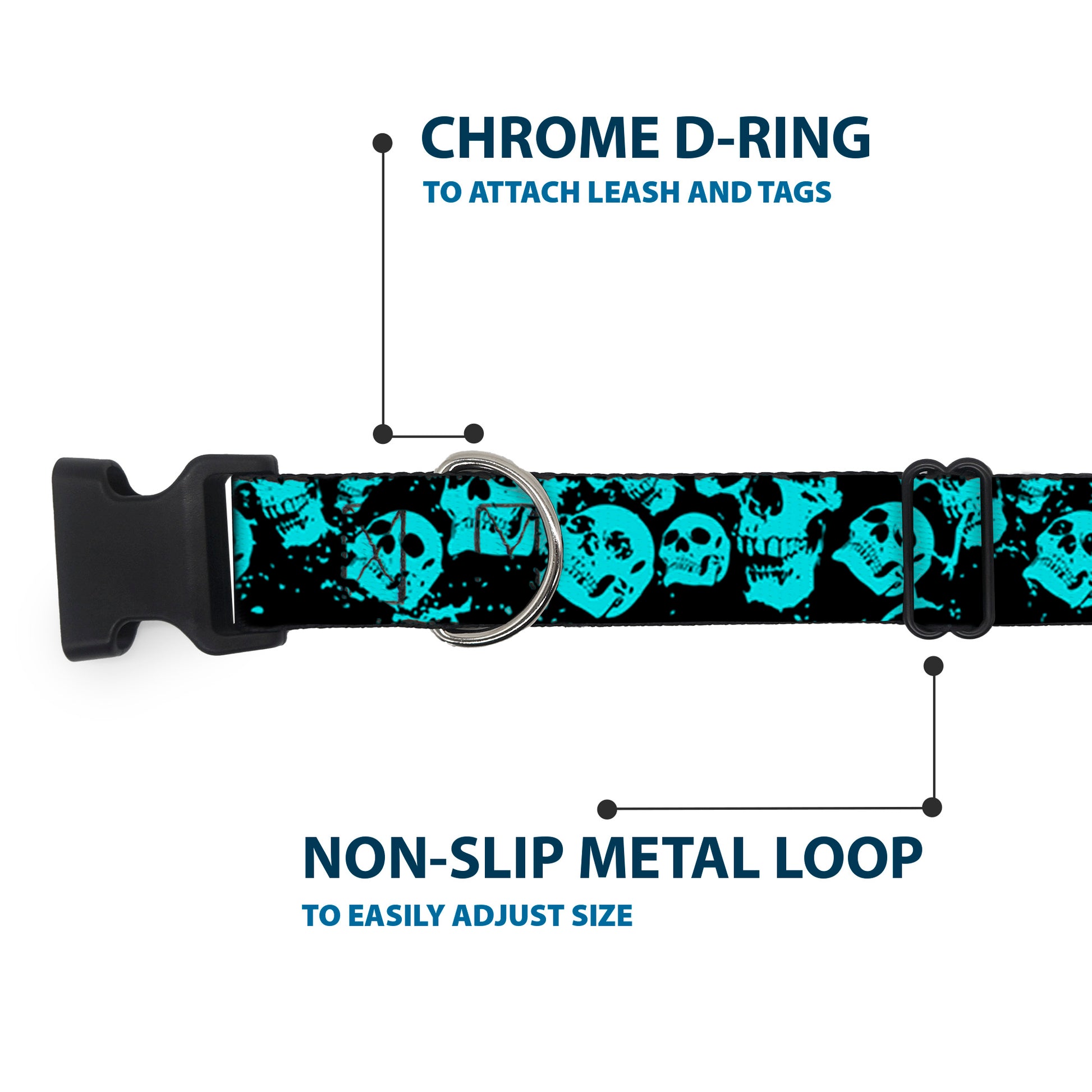 Plastic Clip Collar - Skulls Stacked Weathered Black/Teal Plastic Clip Collars Buckle-Down