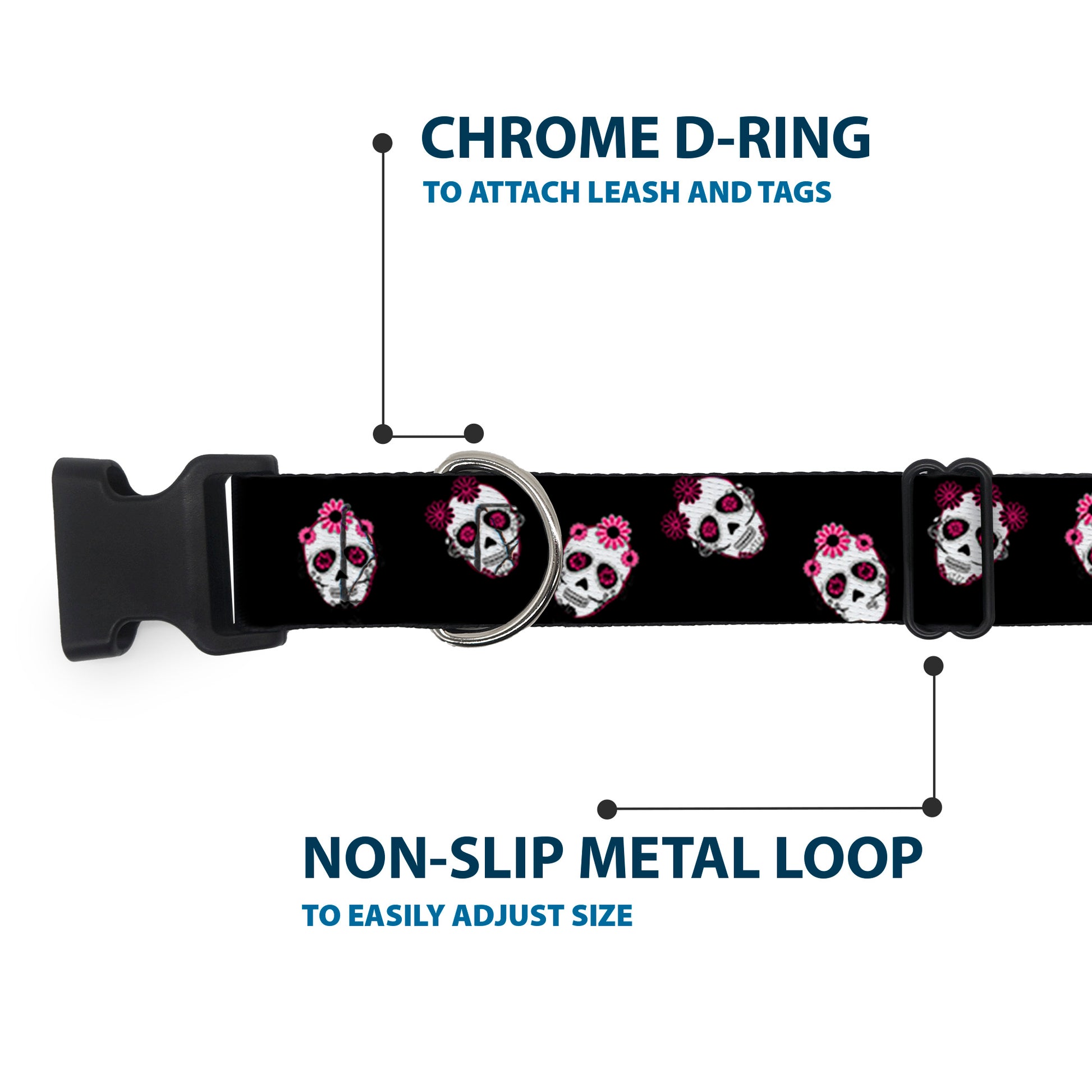 Plastic Clip Collar - Staggered Sugar Skulls Black/Pink/White Plastic Clip Collars Buckle-Down