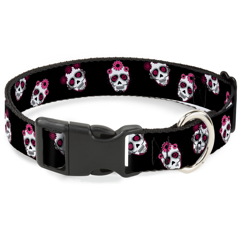 Plastic Clip Collar - Staggered Sugar Skulls Black/Pink/White Plastic Clip Collars Buckle-Down