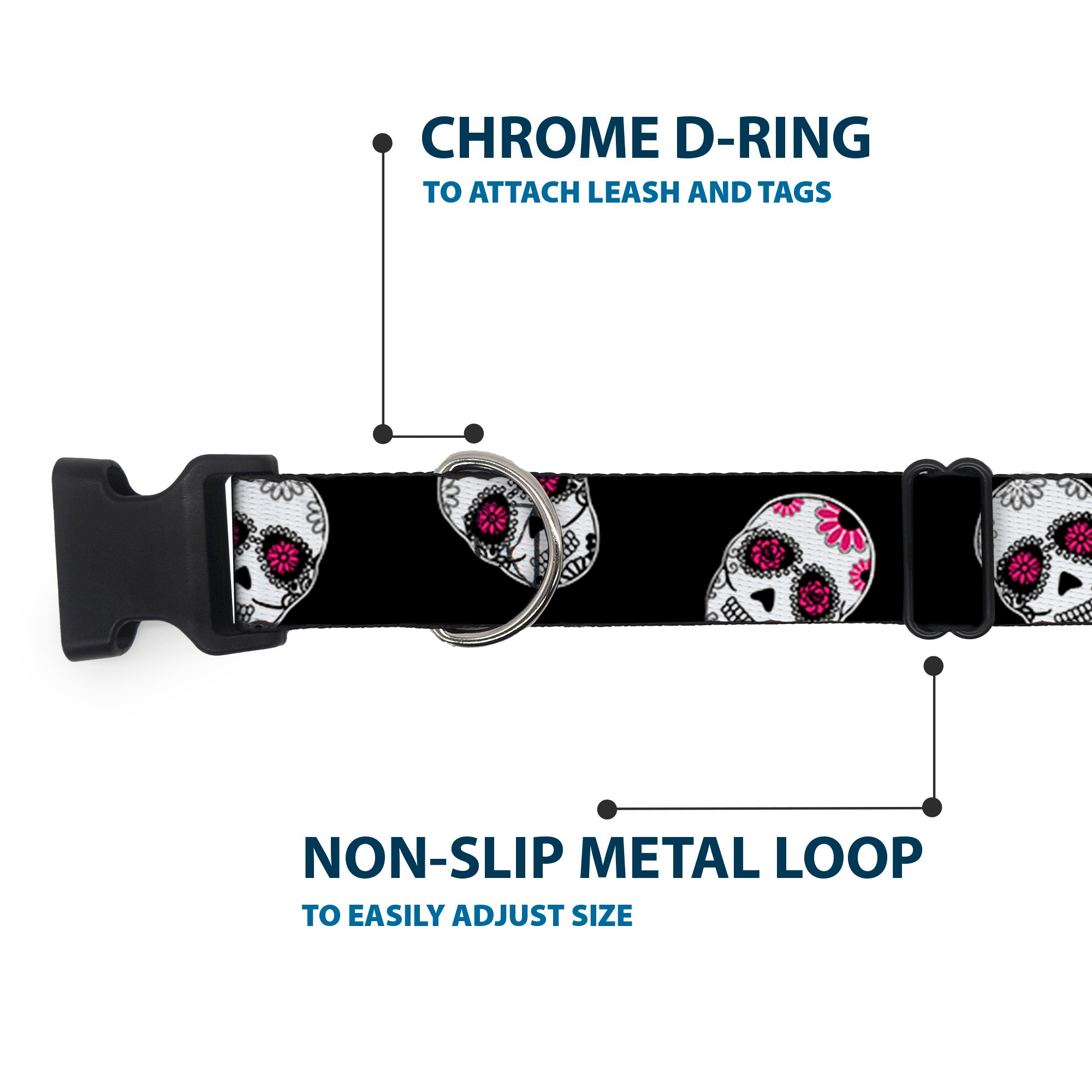 Plastic Clip Collar - Staggered Sugar Skulls Black/White/Pink Plastic Clip Collars Buckle-Down