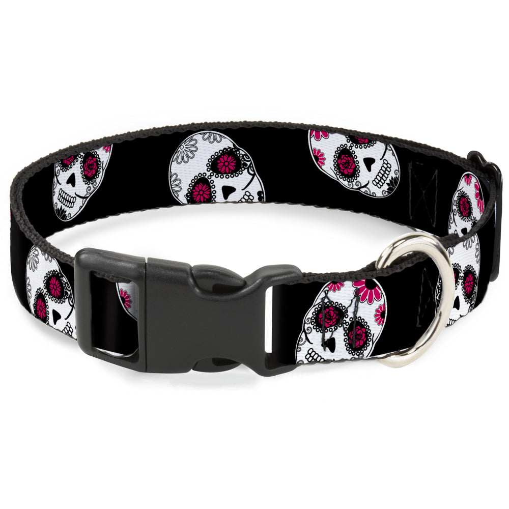 Plastic Clip Collar - Staggered Sugar Skulls Black/White/Pink Plastic Clip Collars Buckle-Down