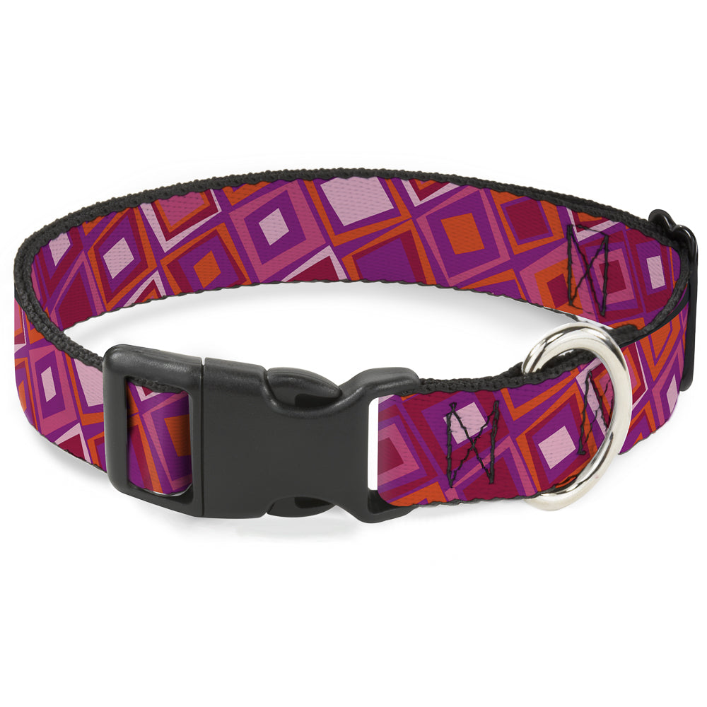 Plastic Clip Collar - Skewed Squares Stacked Purple/Orange/Pinks Plastic Clip Collars Buckle-Down