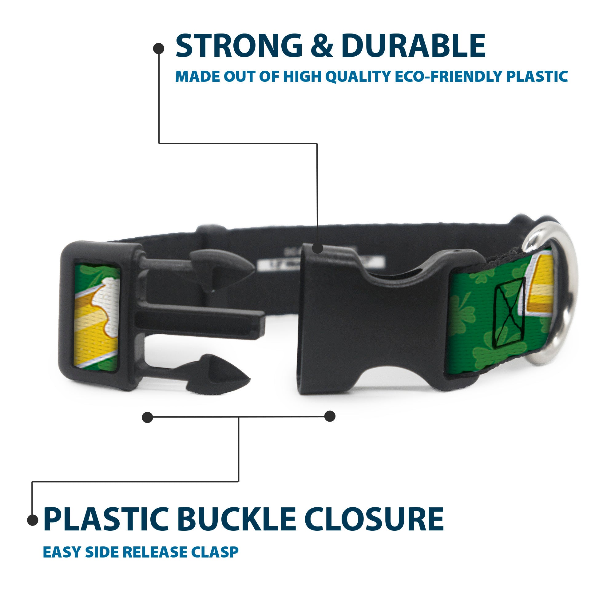 Plastic Clip Collar - St. Pat's Clovers/Beer Mugs Greens Plastic Clip Collars Buckle-Down