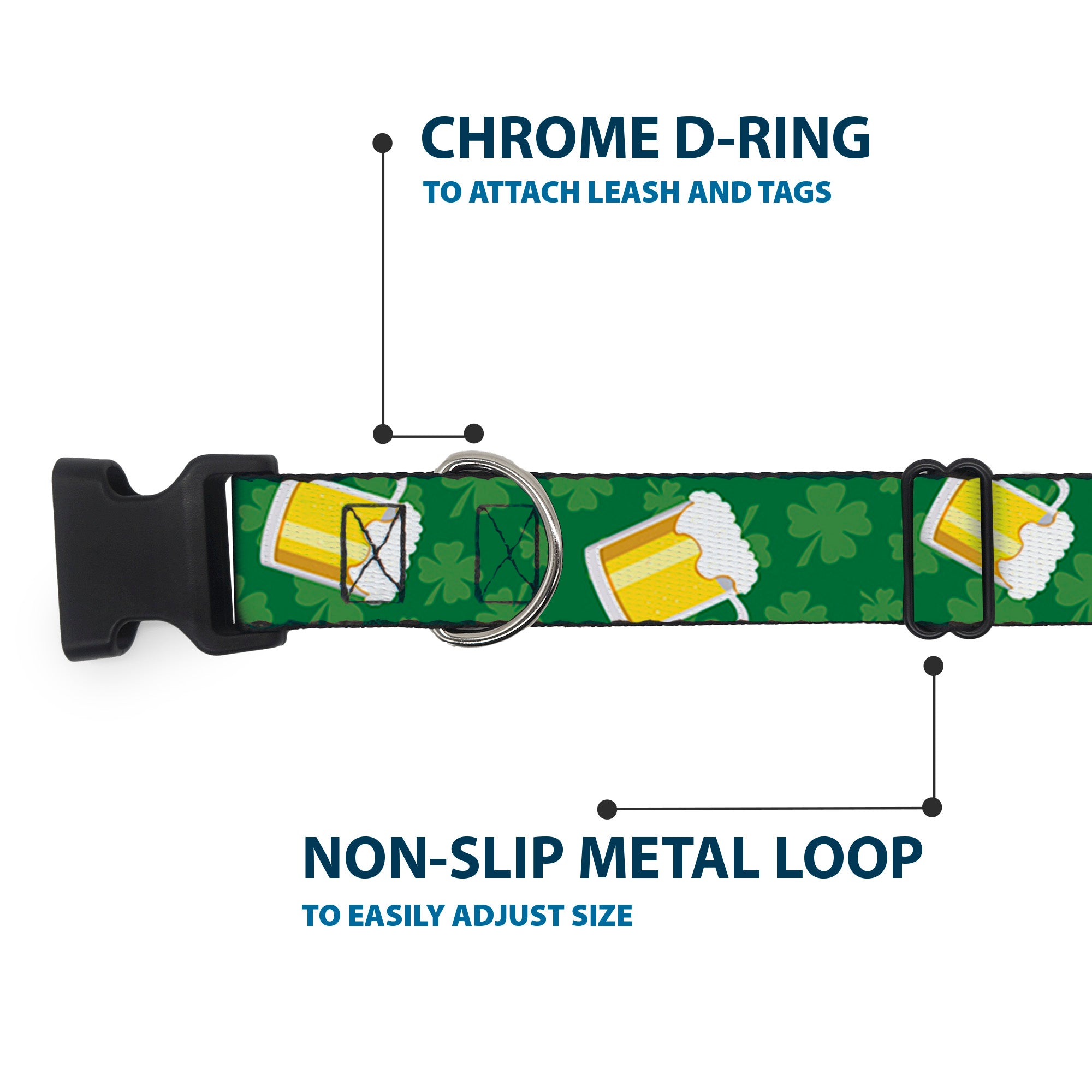 Plastic Clip Collar - St. Pat's Clovers/Beer Mugs Greens Plastic Clip Collars Buckle-Down