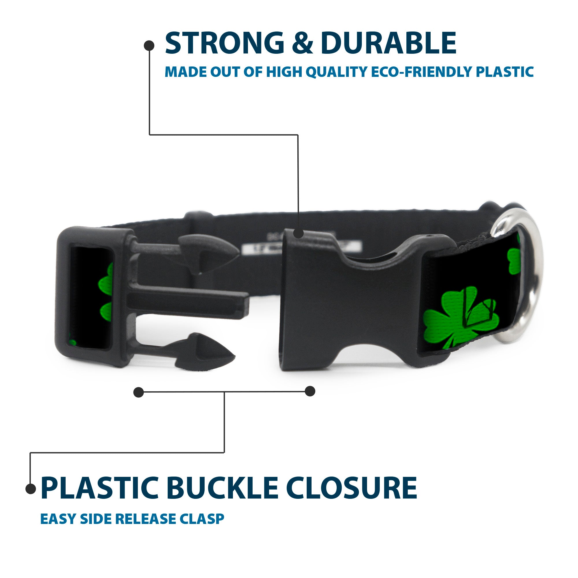 Plastic Clip Collar - St. Pat's Clovers Scattered2 Black/Green Plastic Clip Collars Buckle-Down