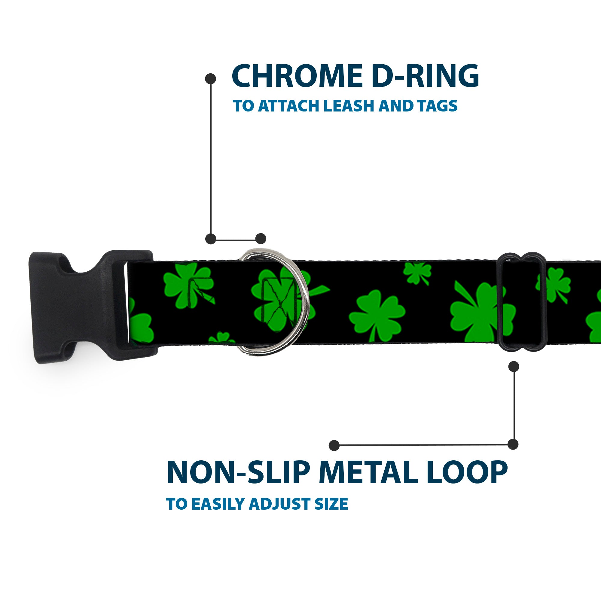 Plastic Clip Collar - St. Pat's Clovers Scattered2 Black/Green Plastic Clip Collars Buckle-Down
