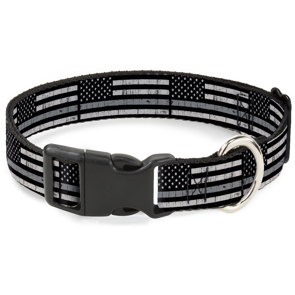 Plastic Clip Collar - Thin Gray Line Flag Weathered Black/Grays Plastic Clip Collars Buckle-Down