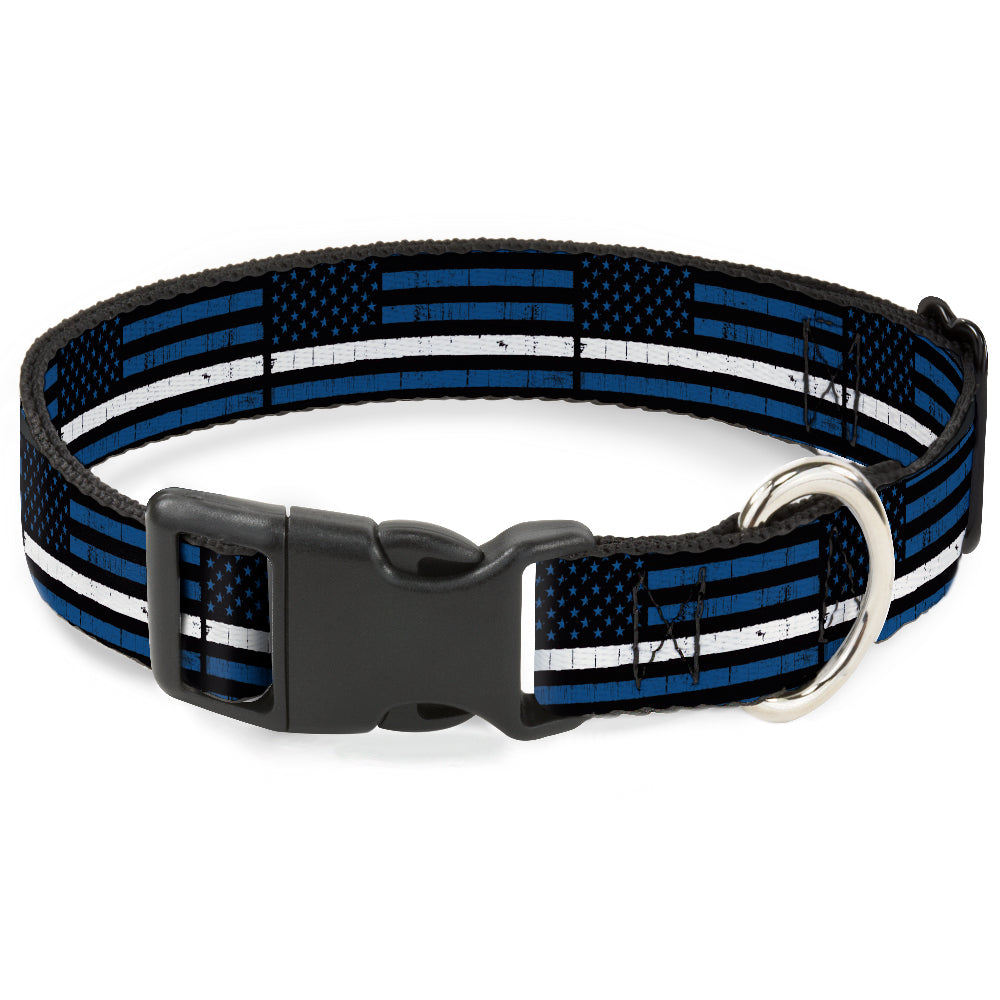 Plastic Clip Collar - Thin White Line Flag Weathered Black/Blue/White Plastic Clip Collars Buckle-Down