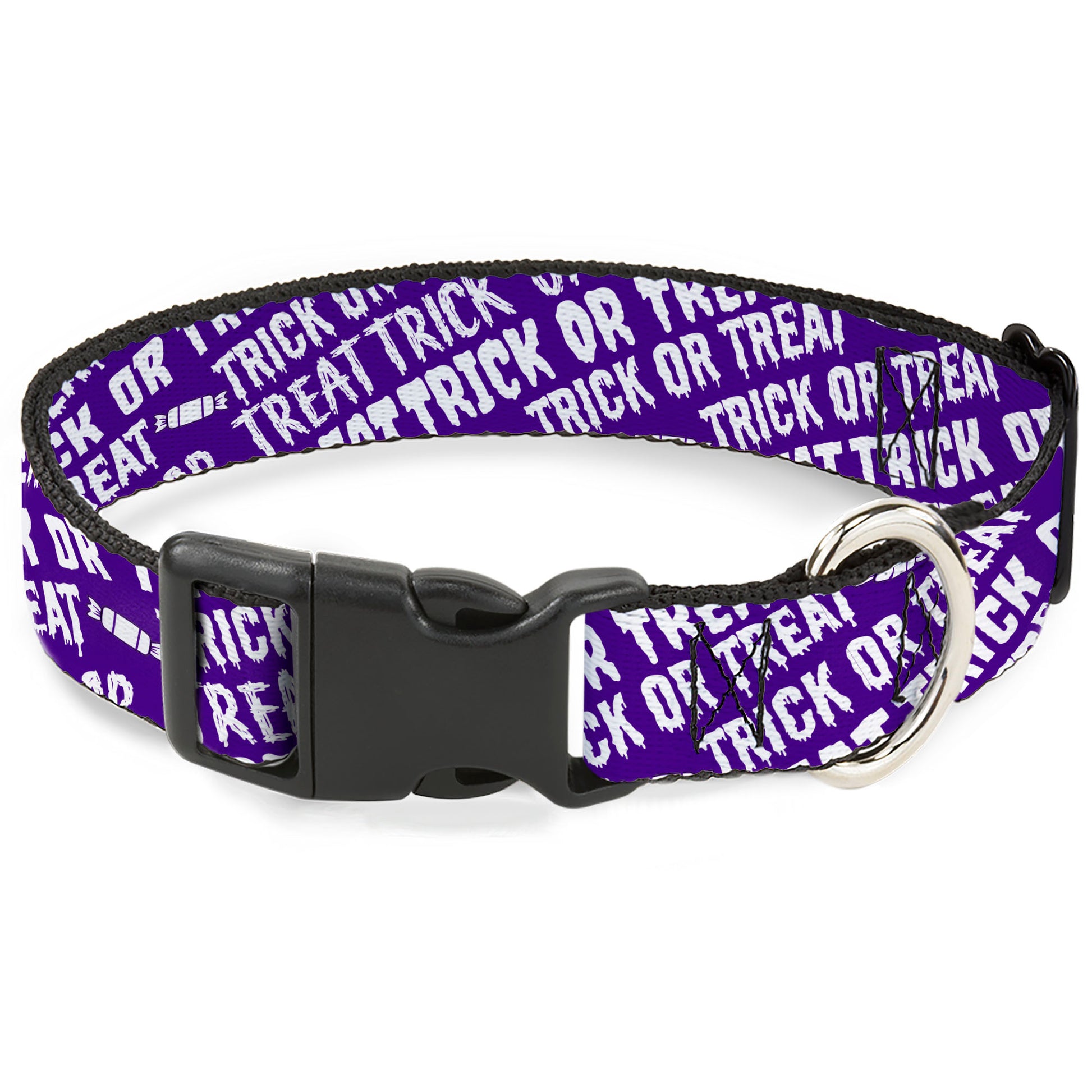 Plastic Clip Collar - TRICK OR TREAT Text Collage Purple/White Plastic Clip Collars Buckle-Down