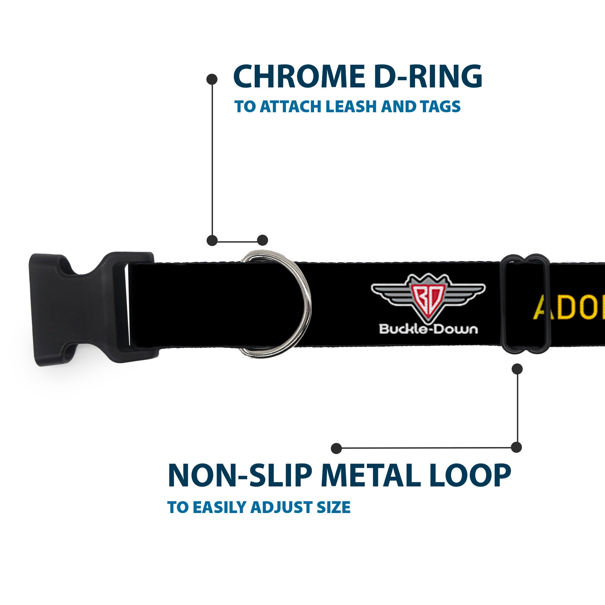 Plastic Clip Collar - Buckle-Down Logo ADOPT, DON'T SHOP Black/Yellow Plastic Clip Collars Buckle-Down