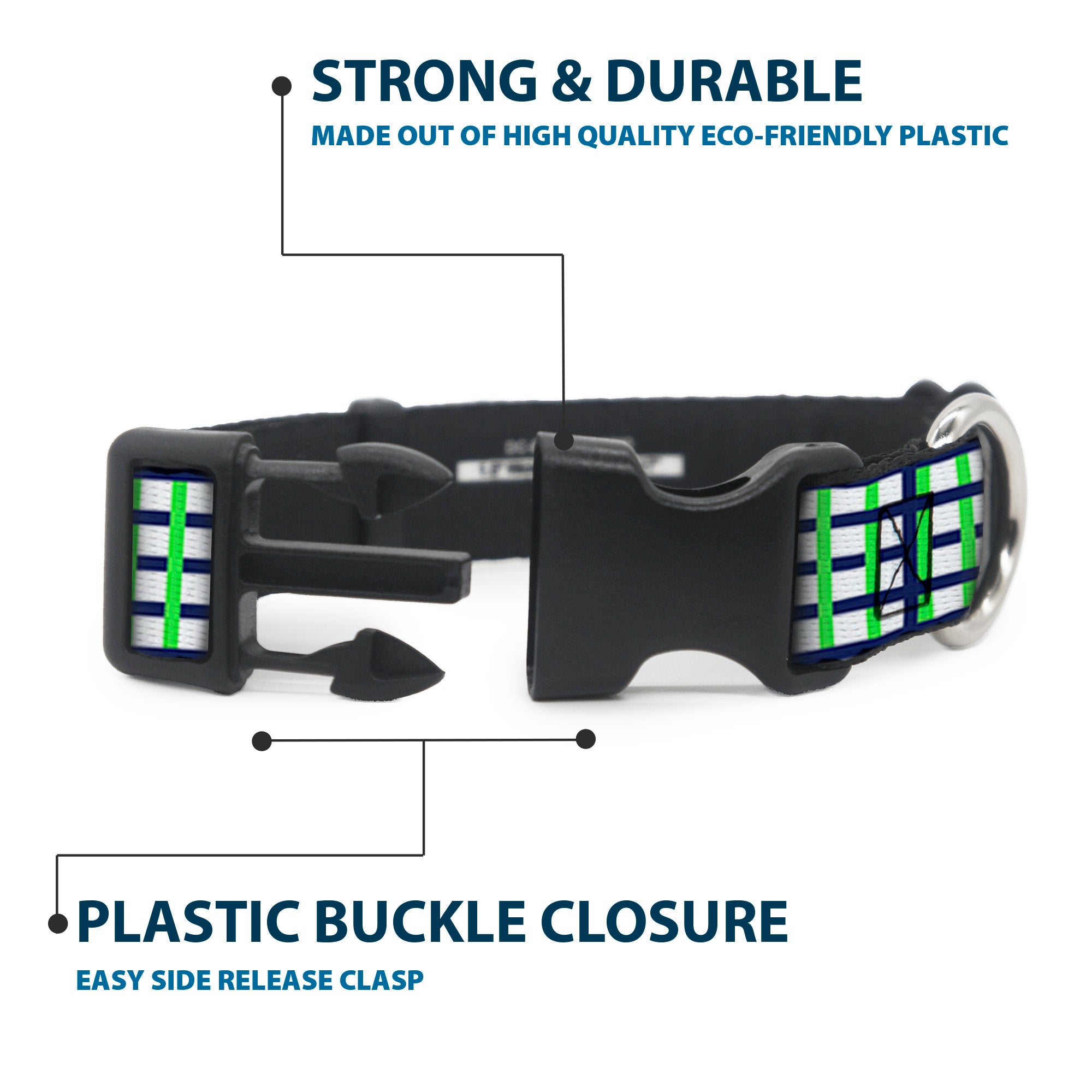 Plastic Clip Collar - Basketweave Plaid White/Navy/Bright Green Plastic Clip Collars Buckle-Down