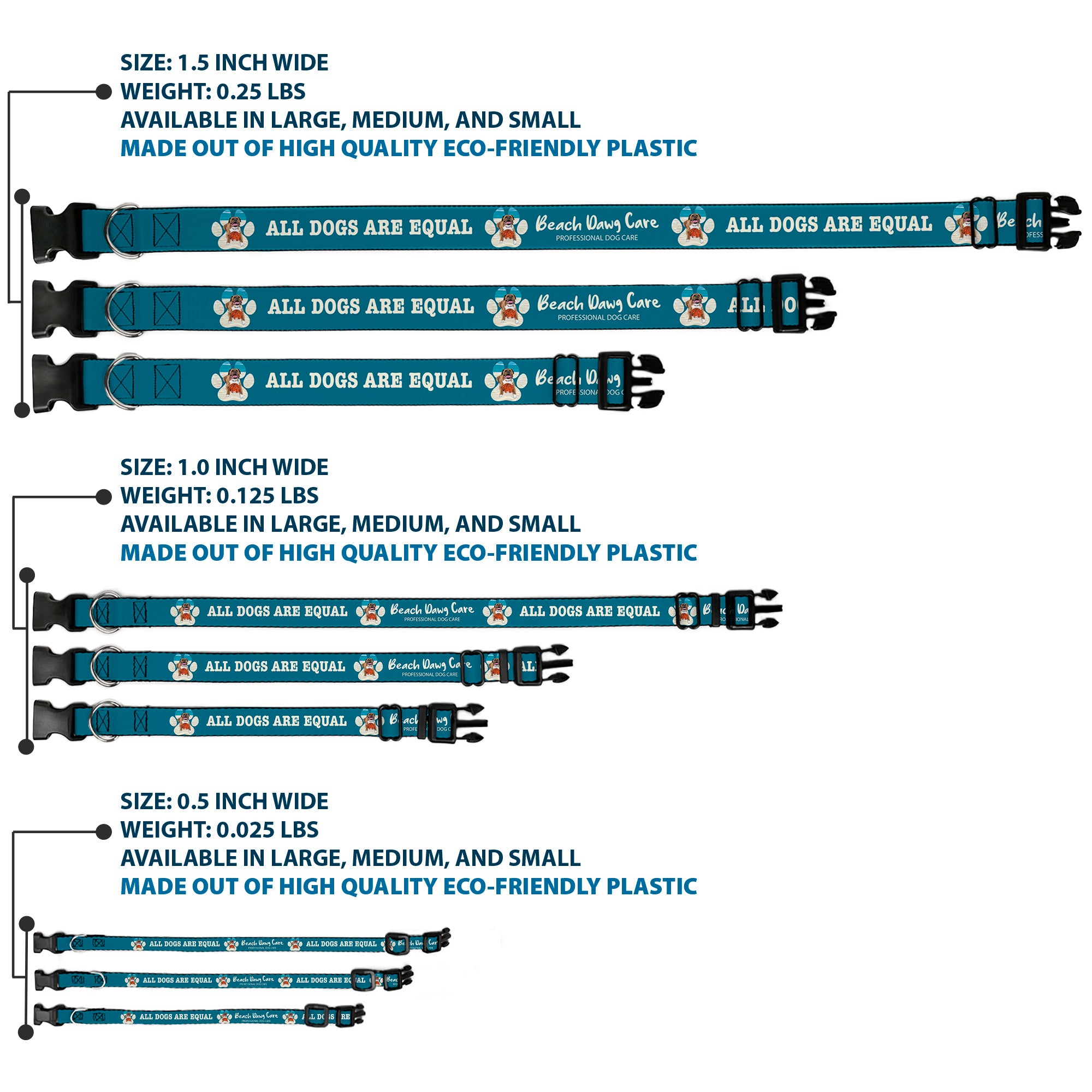 Plastic Clip Collar - BEACH DAWG CARE ALL DOGS ARE EQUAL Turquoise/White Plastic Clip Collars Buckle-Down