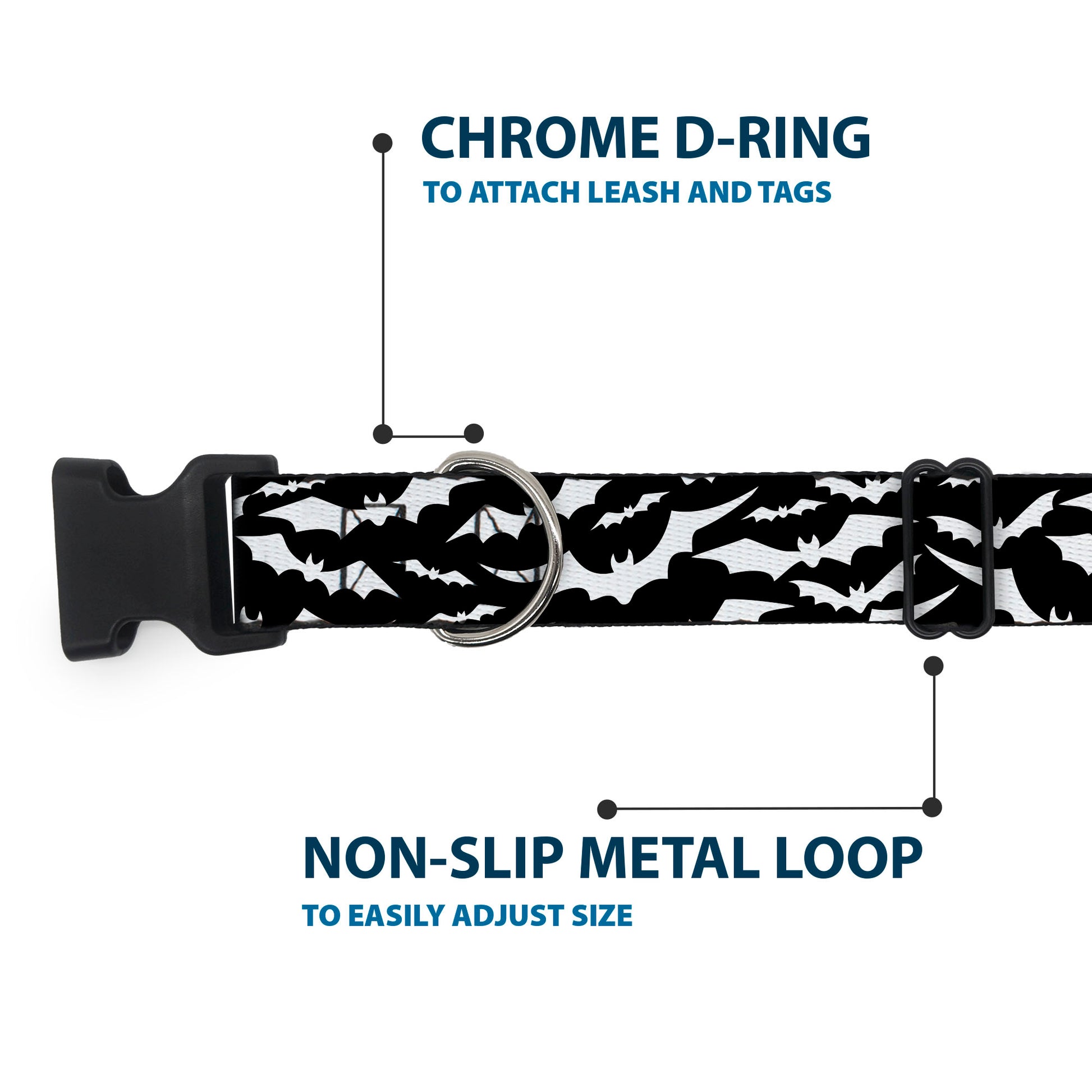 Plastic Clip Collar - Bats Flying Scattered Black/White Plastic Clip Collars Buckle-Down