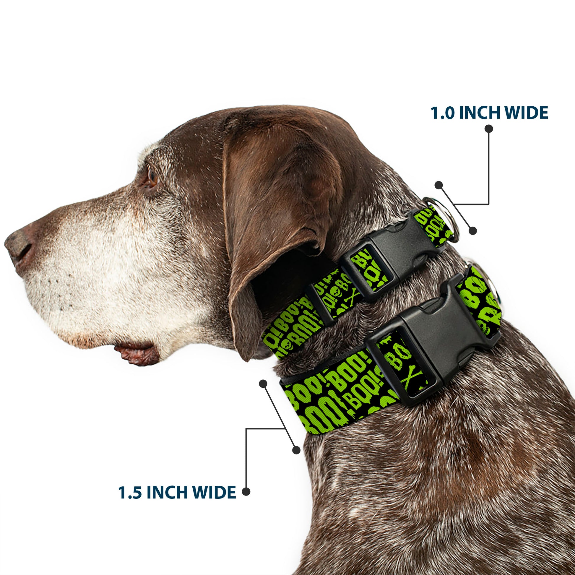 Plastic Clip Collar - BOO Text Skull and Crossbones Black/Green Plastic Clip Collars Buckle-Down