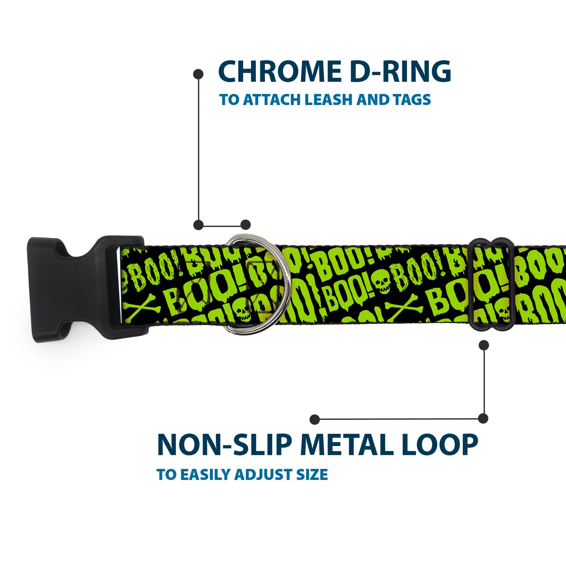 Plastic Clip Collar - BOO Text Skull and Crossbones Black/Green Plastic Clip Collars Buckle-Down