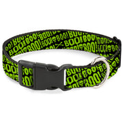 Plastic Clip Collar - BOO Text Skull and Crossbones Black/Green Plastic Clip Collars Buckle-Down