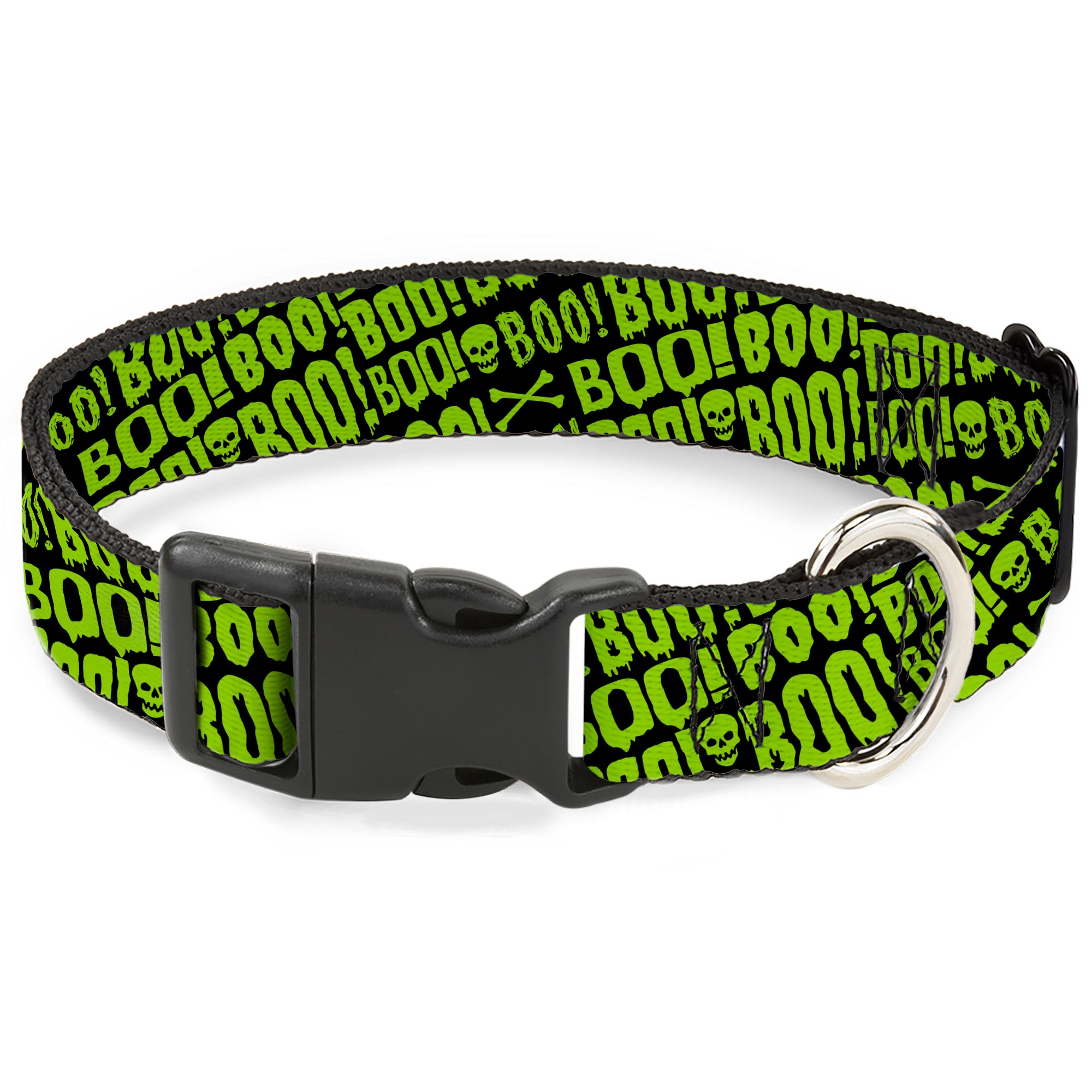 Plastic Clip Collar - BOO Text Skull and Crossbones Black/Green Plastic Clip Collars Buckle-Down
