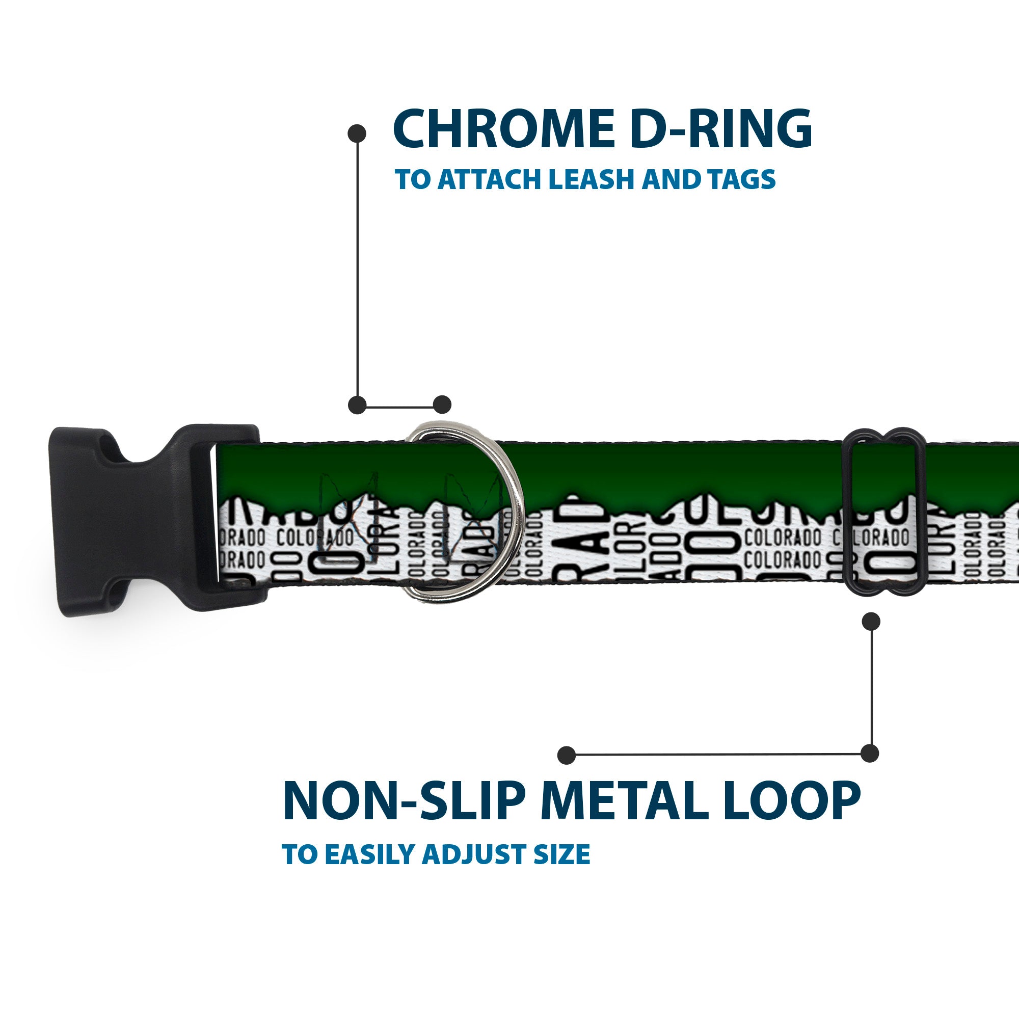 Plastic Clip Collar - Colorado Mountains Green/White/Black Text Plastic Clip Collars Buckle-Down