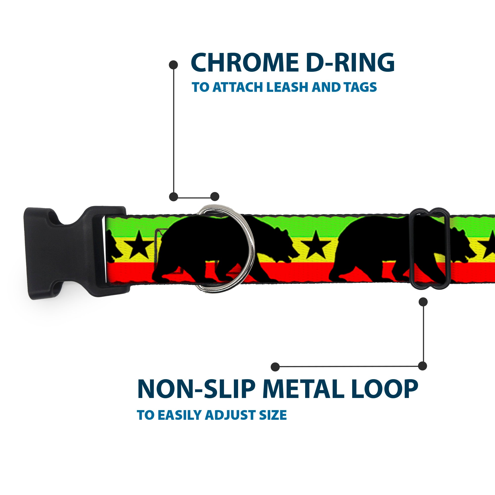 Plastic Clip Collar - Cali Bear/Star Silhouette Rasta/Black Plastic Clip Collars Buckle-Down