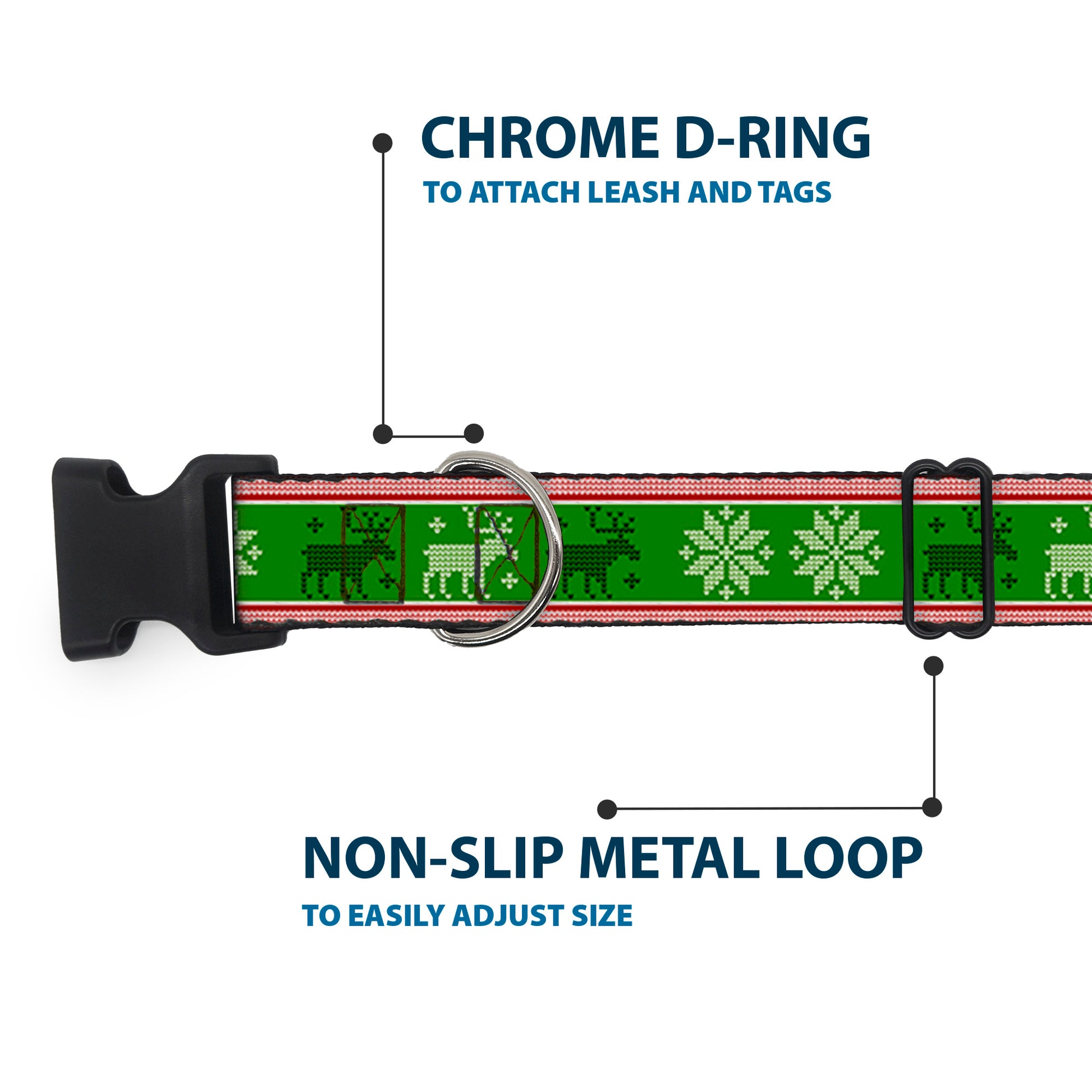 Plastic Clip Collar - Christmas Stitch Moose/Snowflakes Red/Green Plastic Clip Collars Buckle-Down