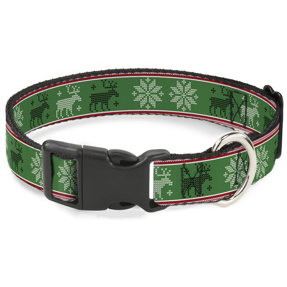 Plastic Clip Collar - Christmas Stitch Moose/Snowflakes Red/Green Plastic Clip Collars Buckle-Down