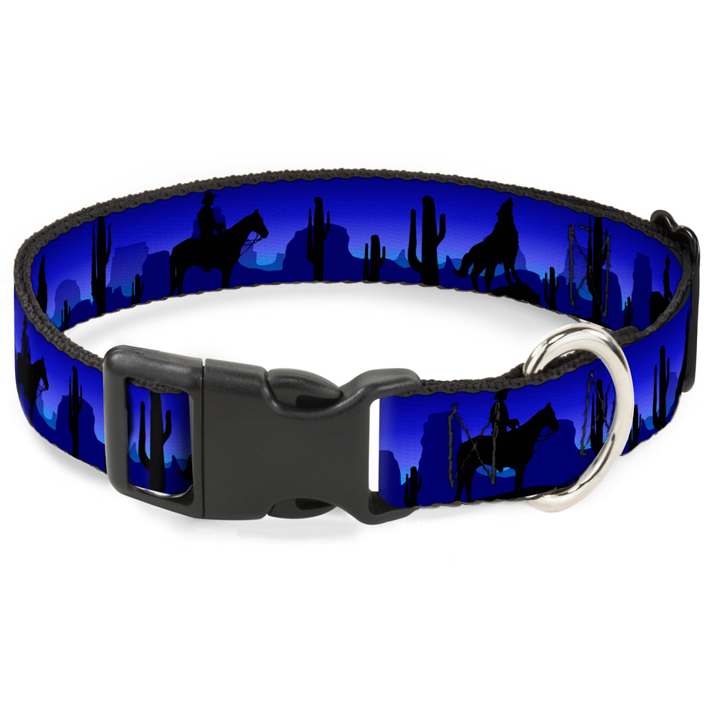 Plastic Clip Collar - Cowboy/Coyote Silhouettes/Western Landscape Blues/Black Plastic Clip Collars Buckle-Down